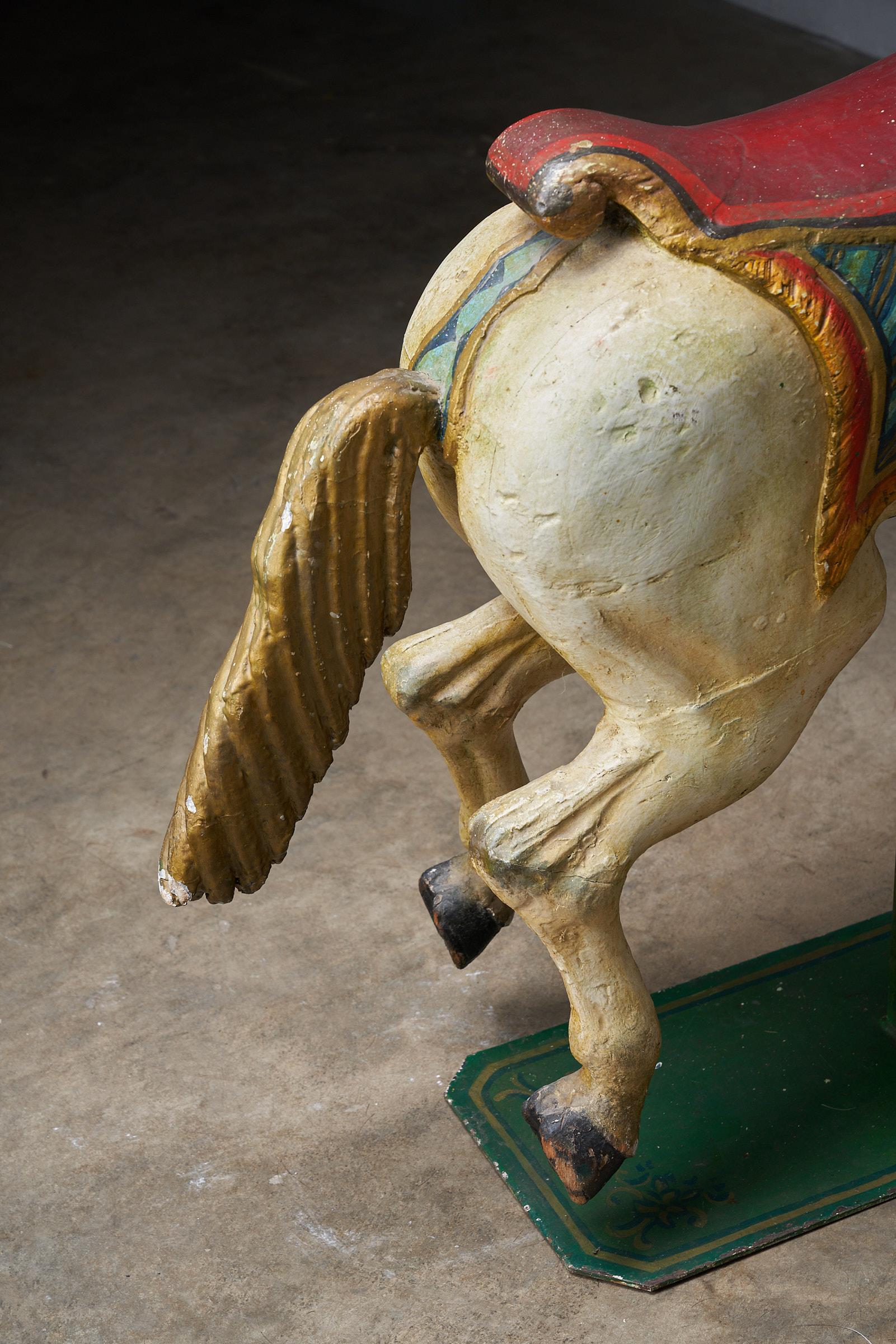 Antique Hand-Painted Wooden Carousel Horse with Saddle - Multicolored For Sale 3