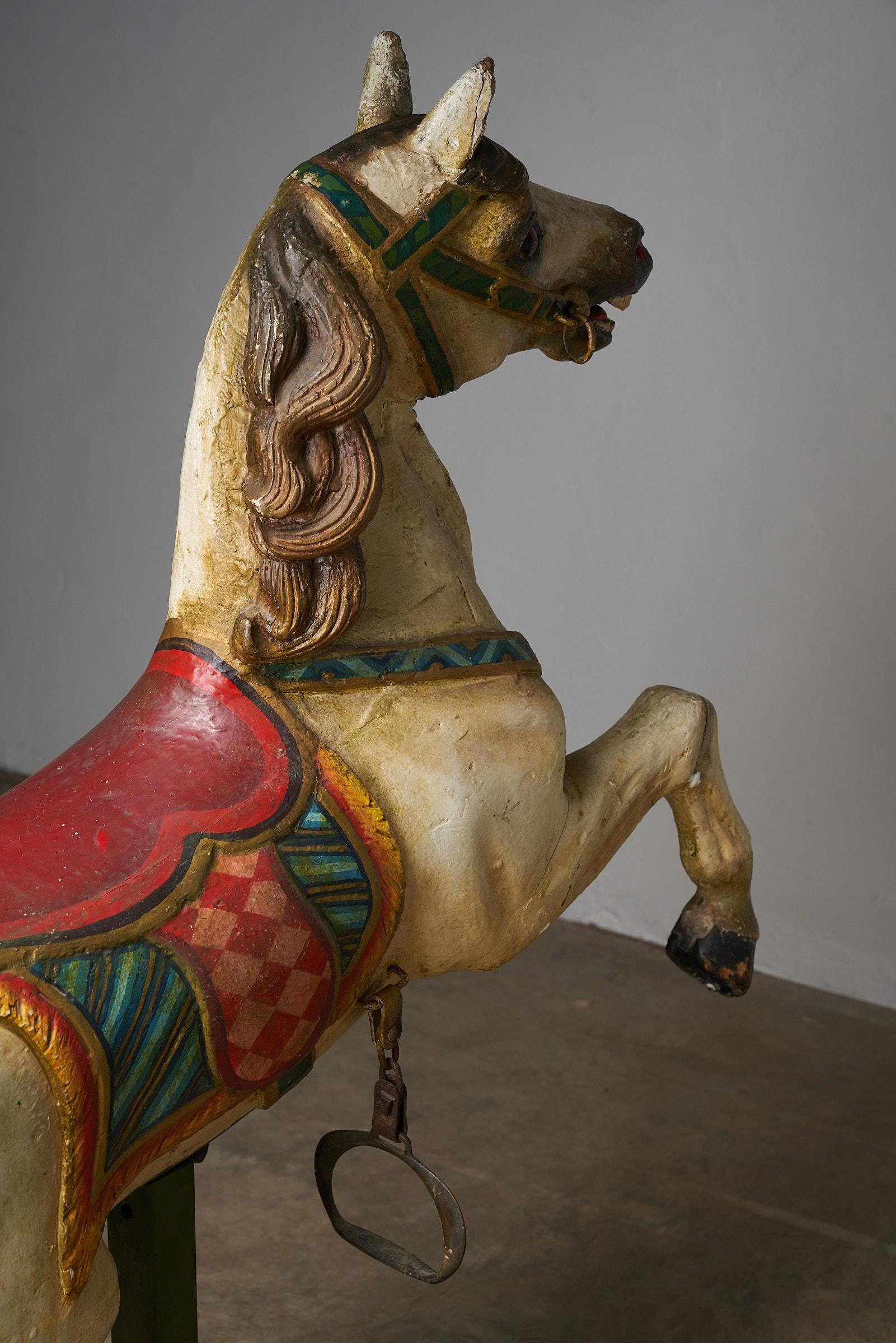 Antique Hand-Painted Wooden Carousel Horse with Saddle - Multicolored For Sale 4