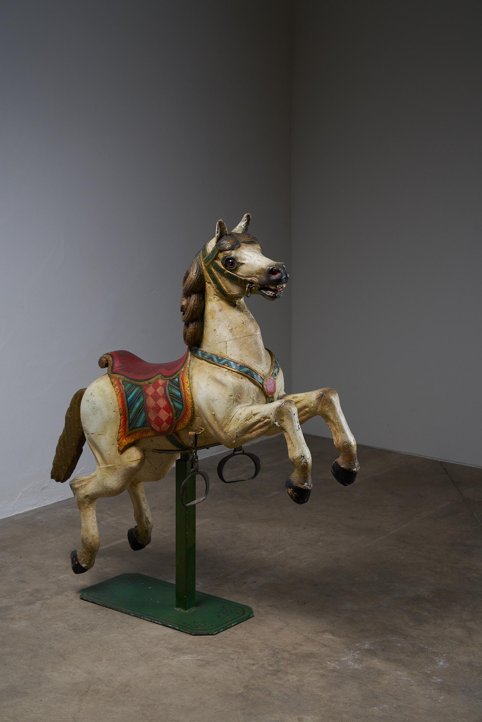 Unknown Antique Hand-Painted Wooden Carousel Horse with Saddle - Multicolored For Sale