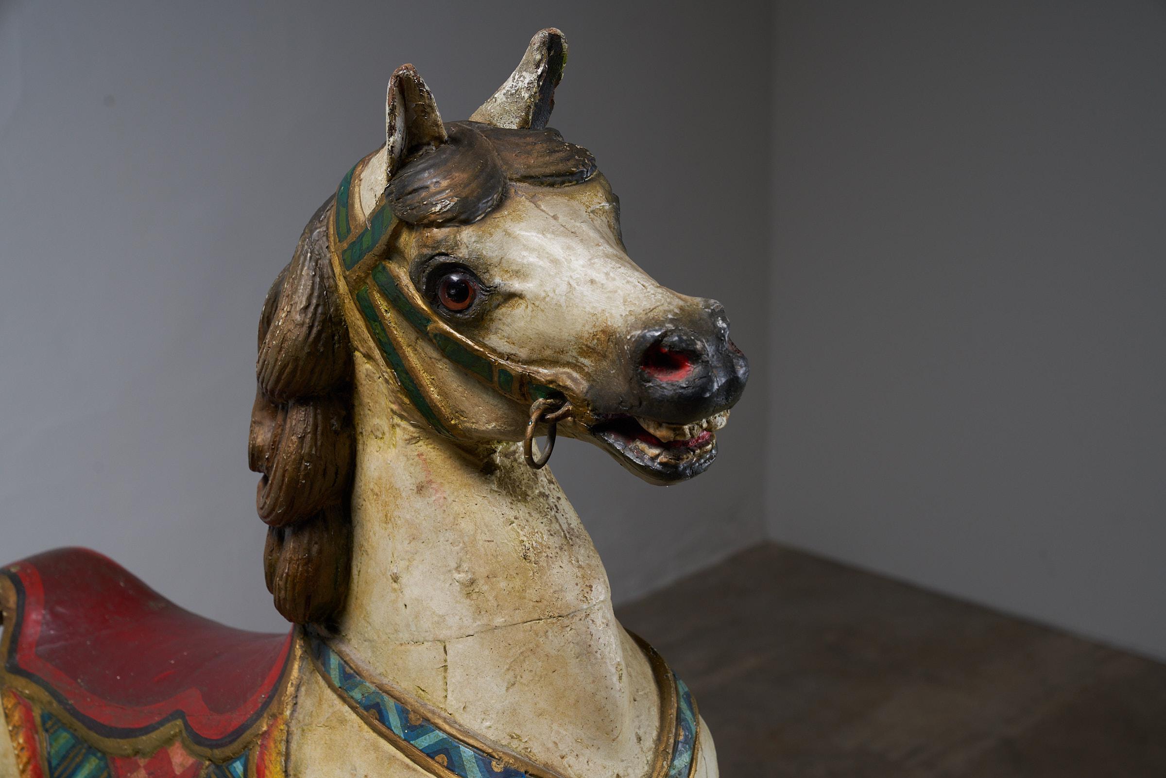 Hand-Carved Antique Hand-Painted Wooden Carousel Horse with Saddle - Multicolored For Sale