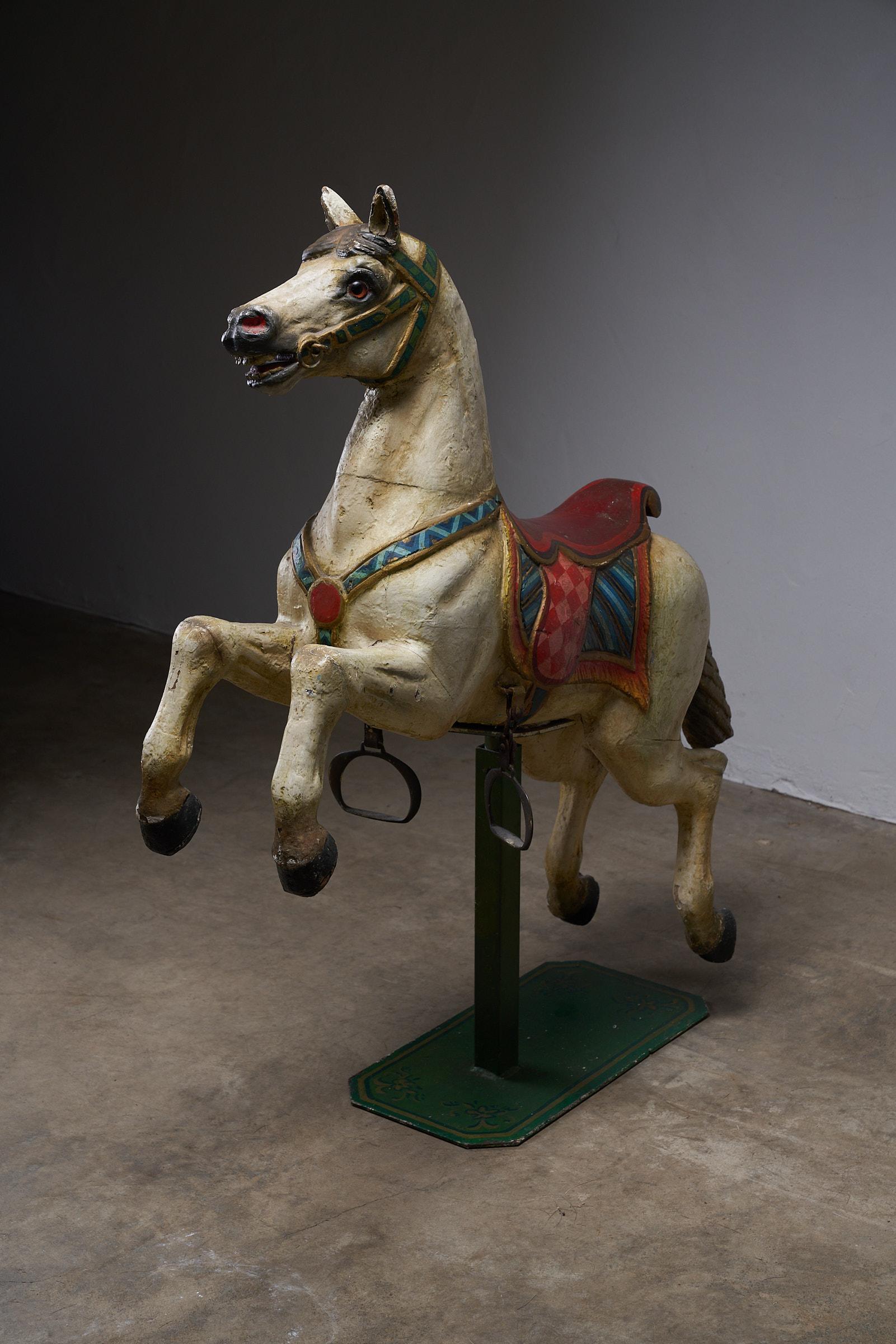 Antique Hand-Painted Wooden Carousel Horse with Saddle - Multicolored In Good Condition For Sale In Mortsel, BE