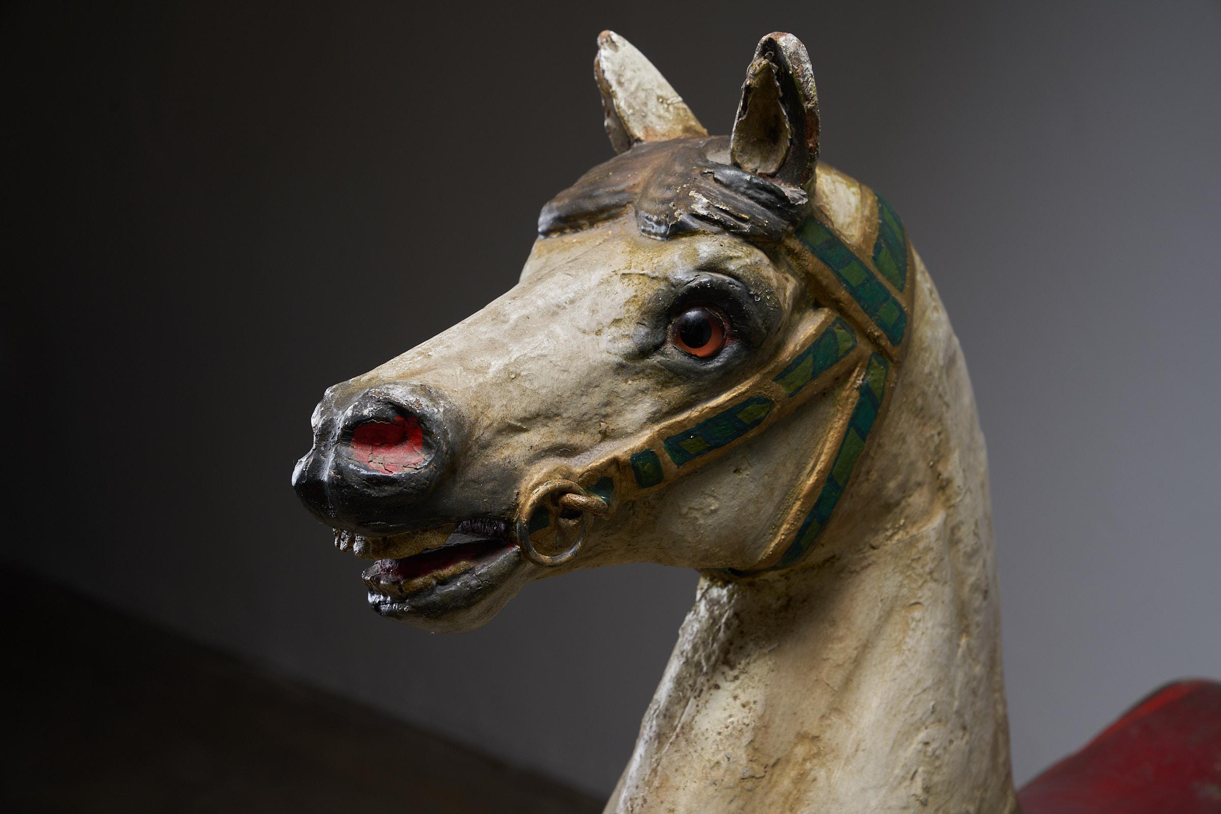 20th Century Antique Hand-Painted Wooden Carousel Horse with Saddle - Multicolored For Sale