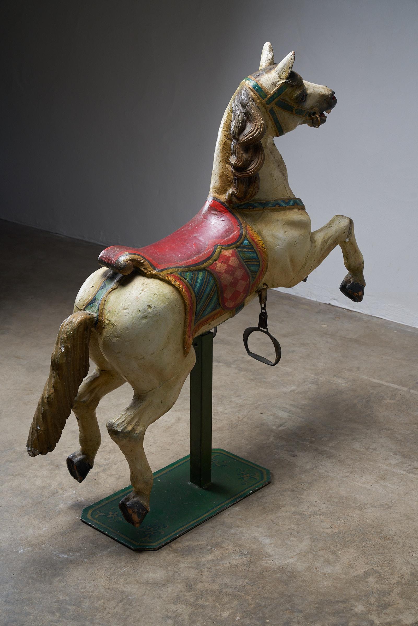 Antique Hand-Painted Wooden Carousel Horse with Saddle - Multicolored For Sale 2
