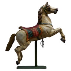 Antique Hand-Painted Wooden Carousel Horse with Saddle - Multicolored