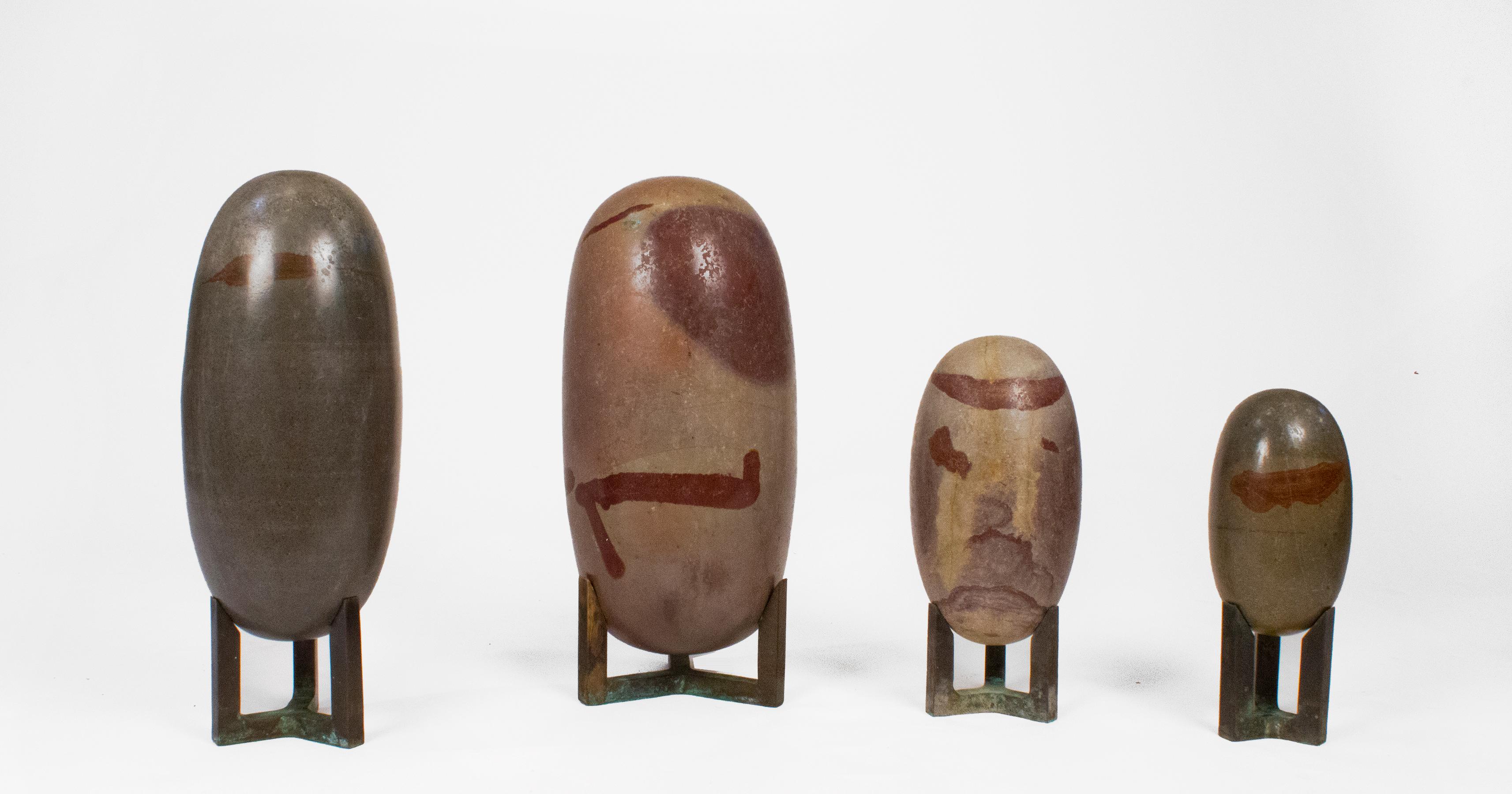 Mid-Century Modern Antique Hand Polished Lingam Stone Sculptures with Bronze Stands Set of 4