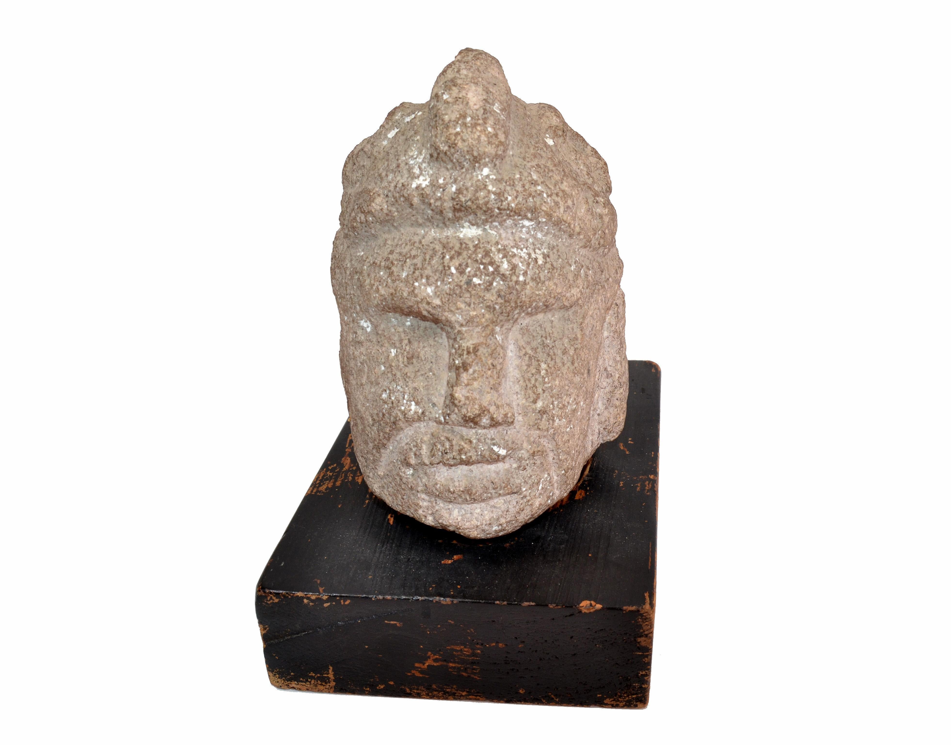 Mid-20th Century Antique Hand Sculpted Stone Head Sculpture on Formfit Hand Carved Wooden Base For Sale