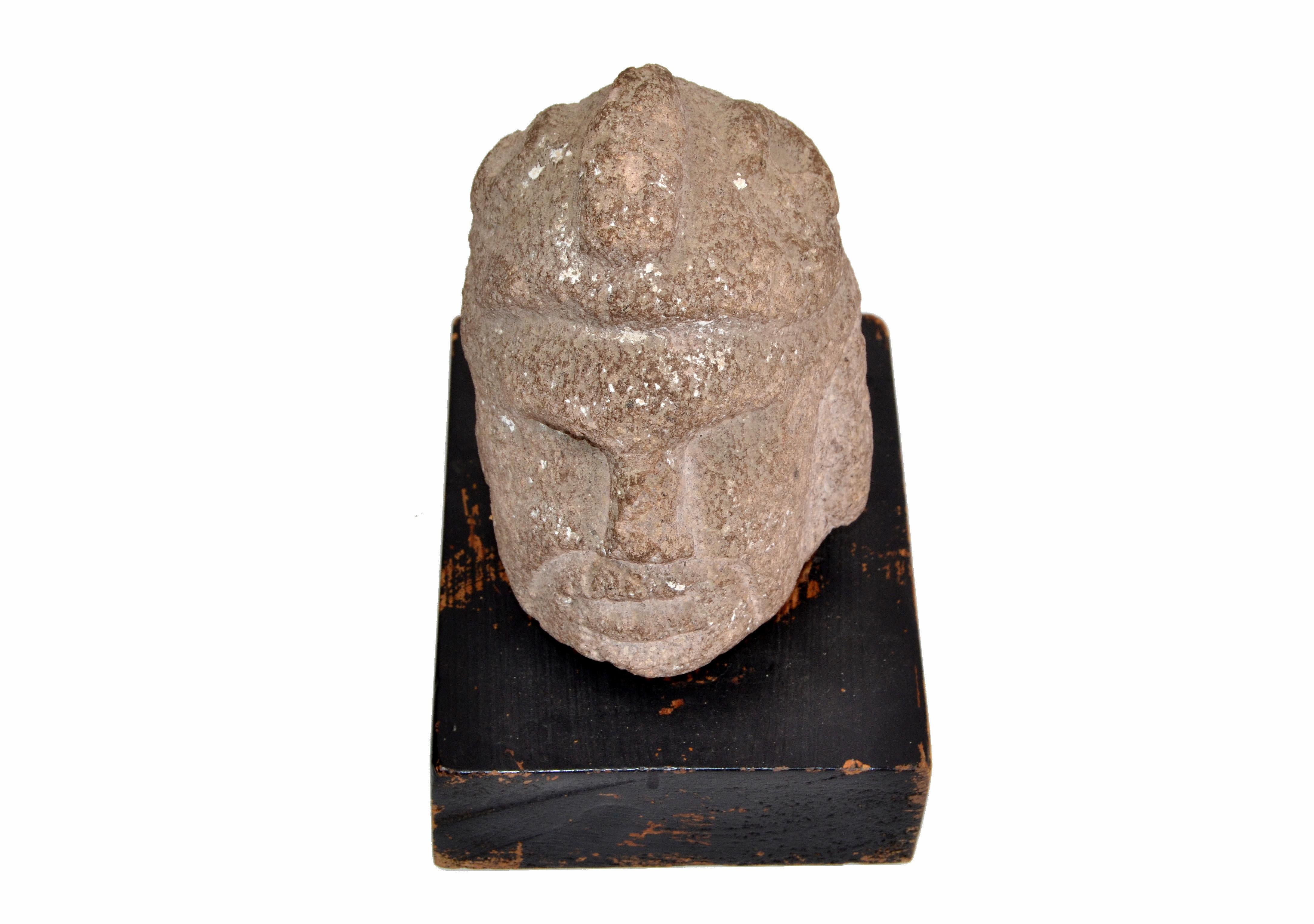 Antique Hand Sculpted Stone Head Sculpture on Formfit Hand Carved Wooden Base For Sale 1