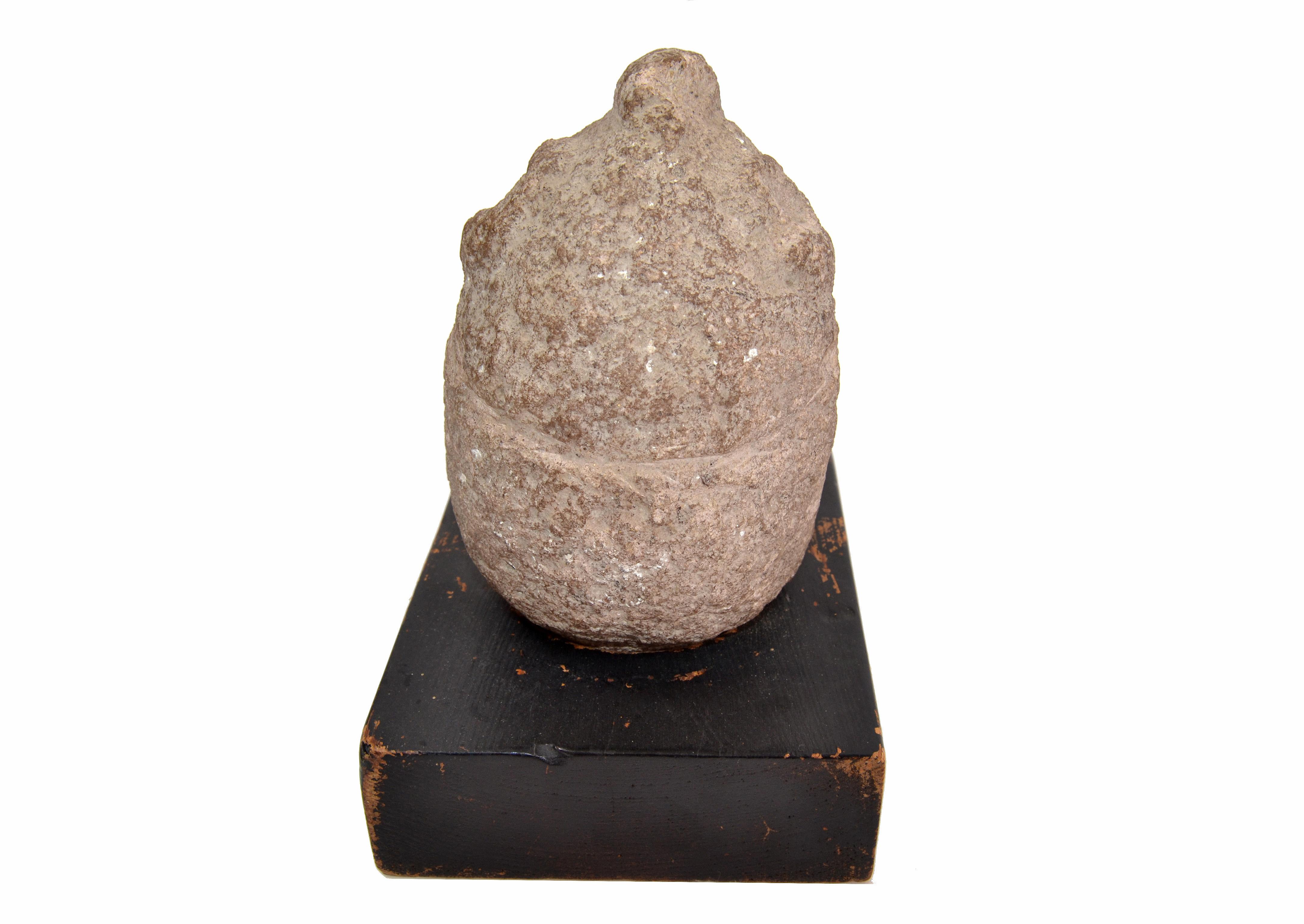 Folk Art Antique Hand Sculpted Stone Head Sculpture on Formfit Hand Carved Wooden Base For Sale