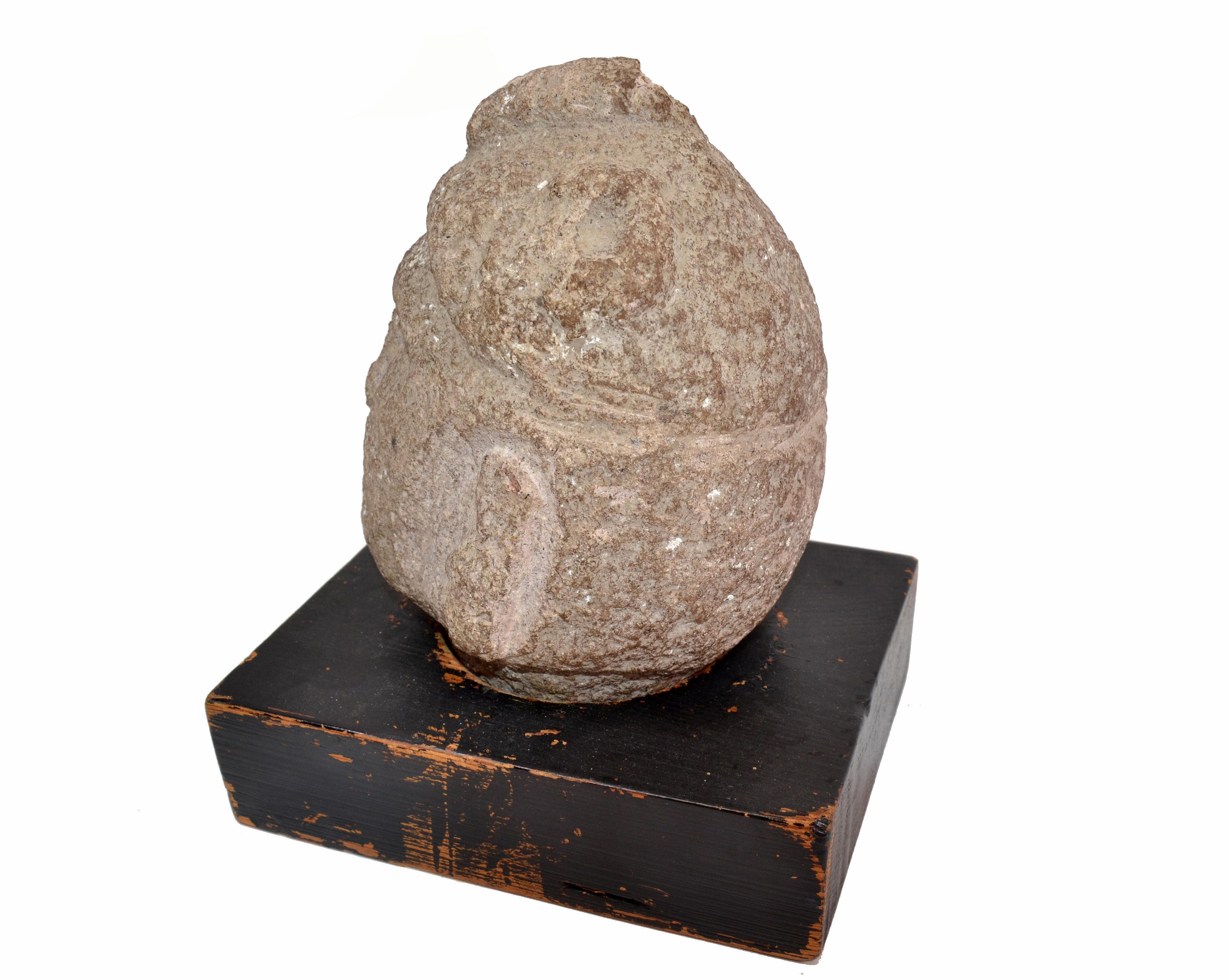 Mexican Antique Hand Sculpted Stone Head Sculpture on Formfit Hand Carved Wooden Base For Sale