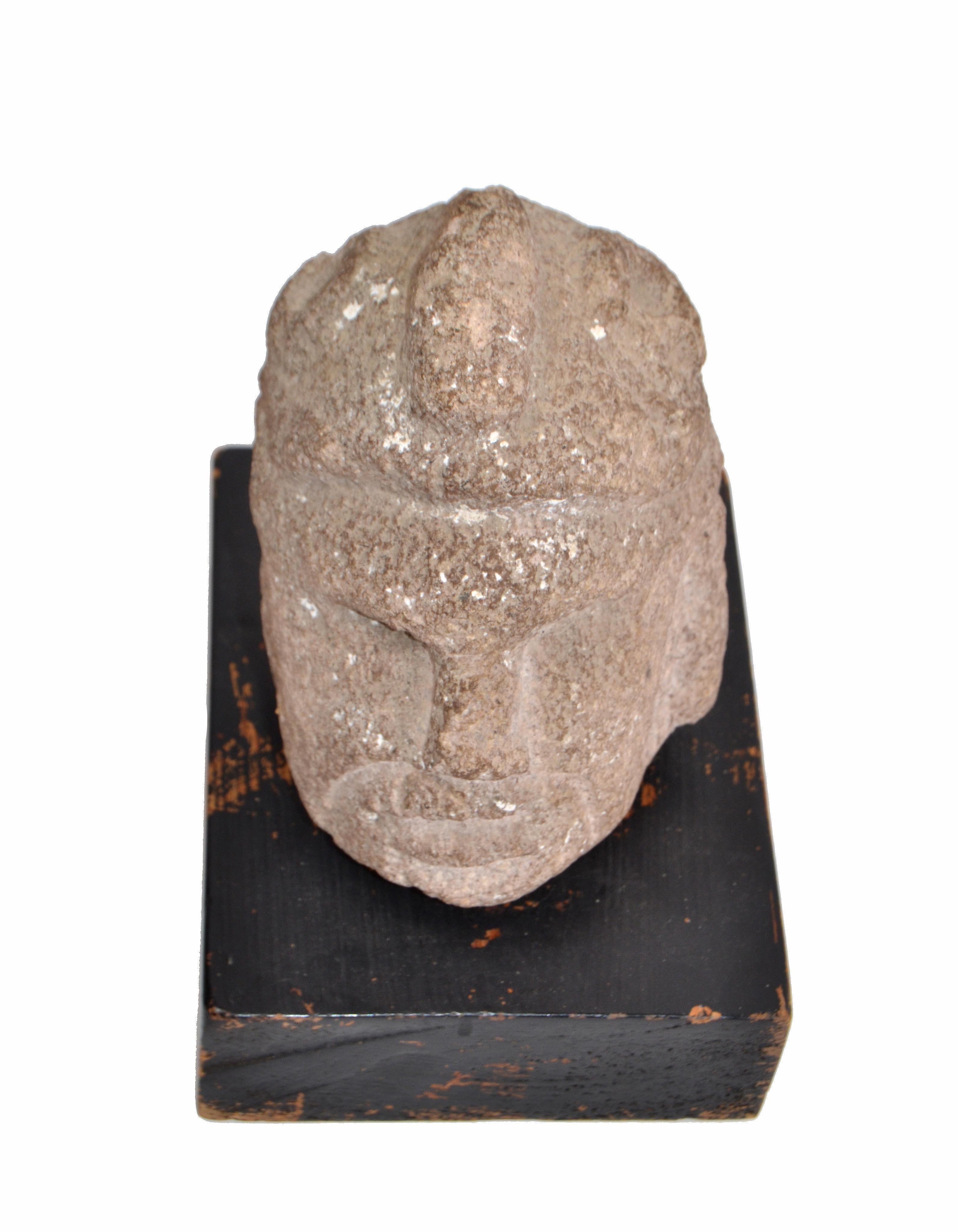 Hand-Carved Antique Hand Sculpted Stone Head Sculpture on Formfit Hand Carved Wooden Base For Sale