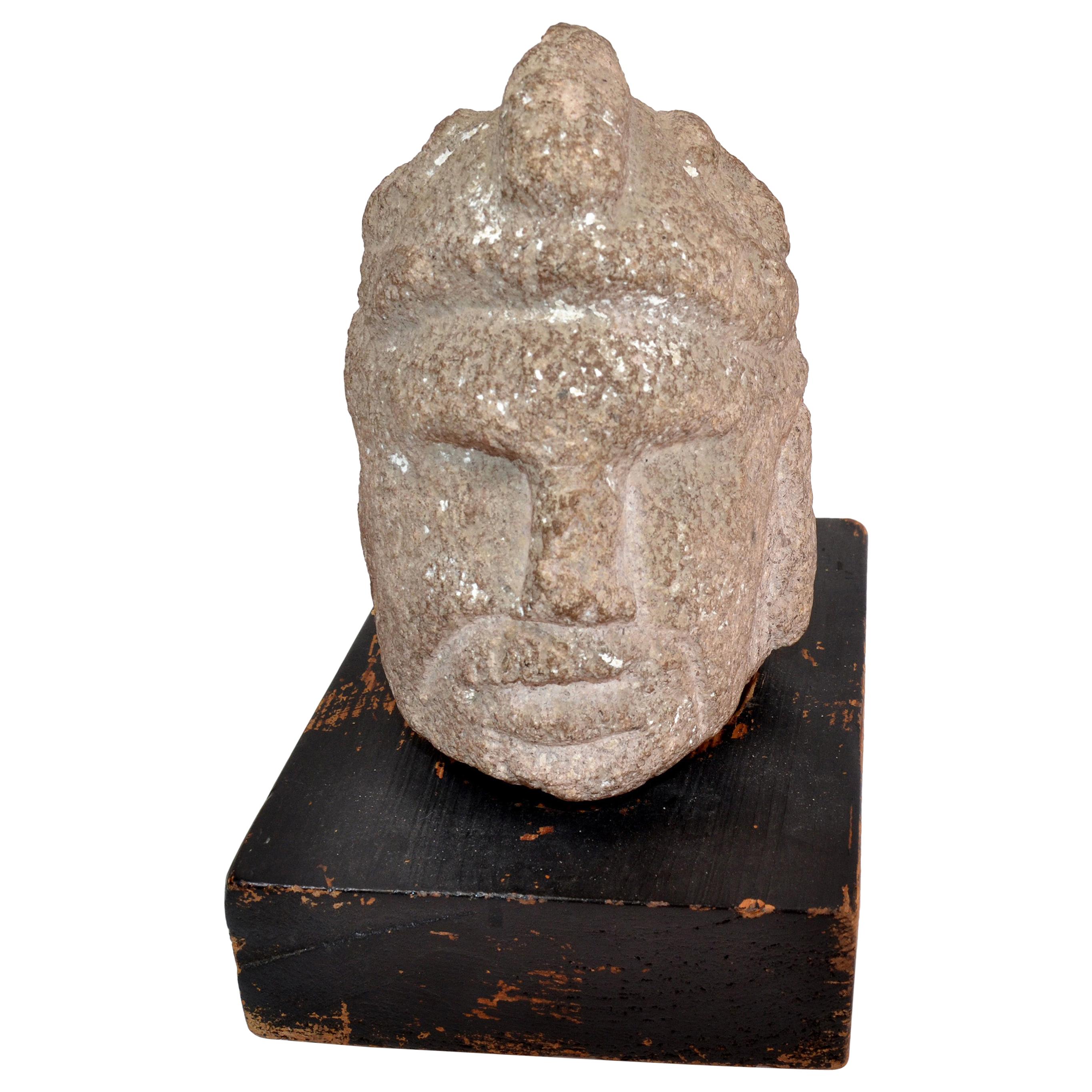 Antique Hand Sculpted Stone Head Sculpture on Formfit Hand Carved Wooden Base For Sale