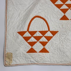 Antique Hand Sewn & Embroidered Amish Quilt, Fruit & Flower Basket, C1900