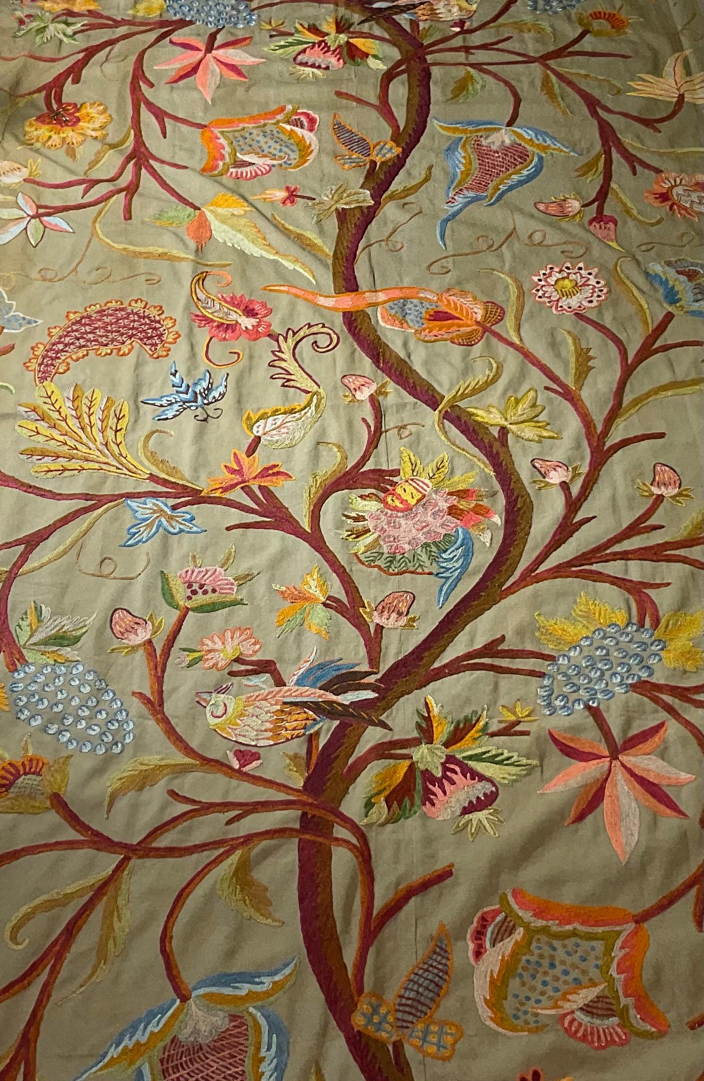 Exceptional needlepoint Hand stitched wall hanging beautiful colourful tree of life with birds bees, butterflies, flowers and vines, All on a camel color background motifs.
Originally was used as curtain or valance, then restored to use as wall