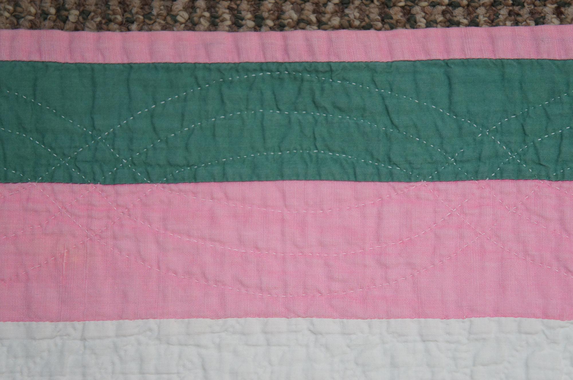 20th Century Antique Hand Stitched Rose of Sharon Quilt Bedspread Pink Green For Sale