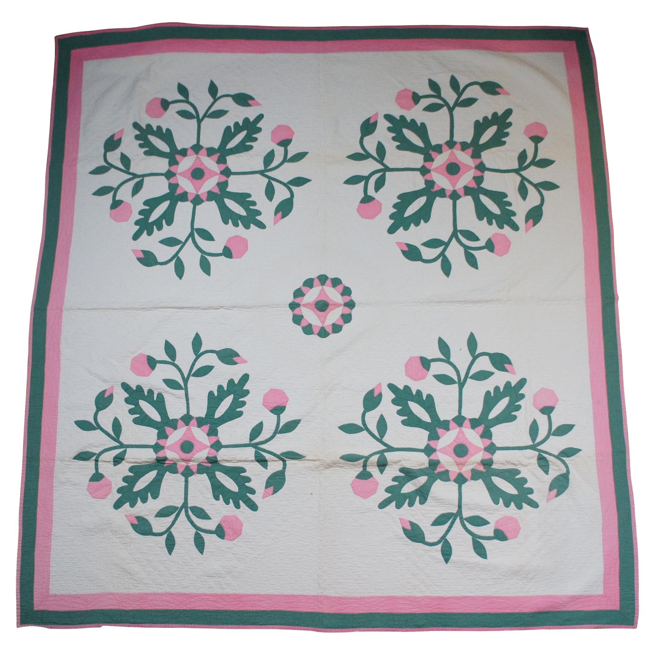 Antique Hand Stitched Rose of Sharon Quilt Bedspread Pink Green