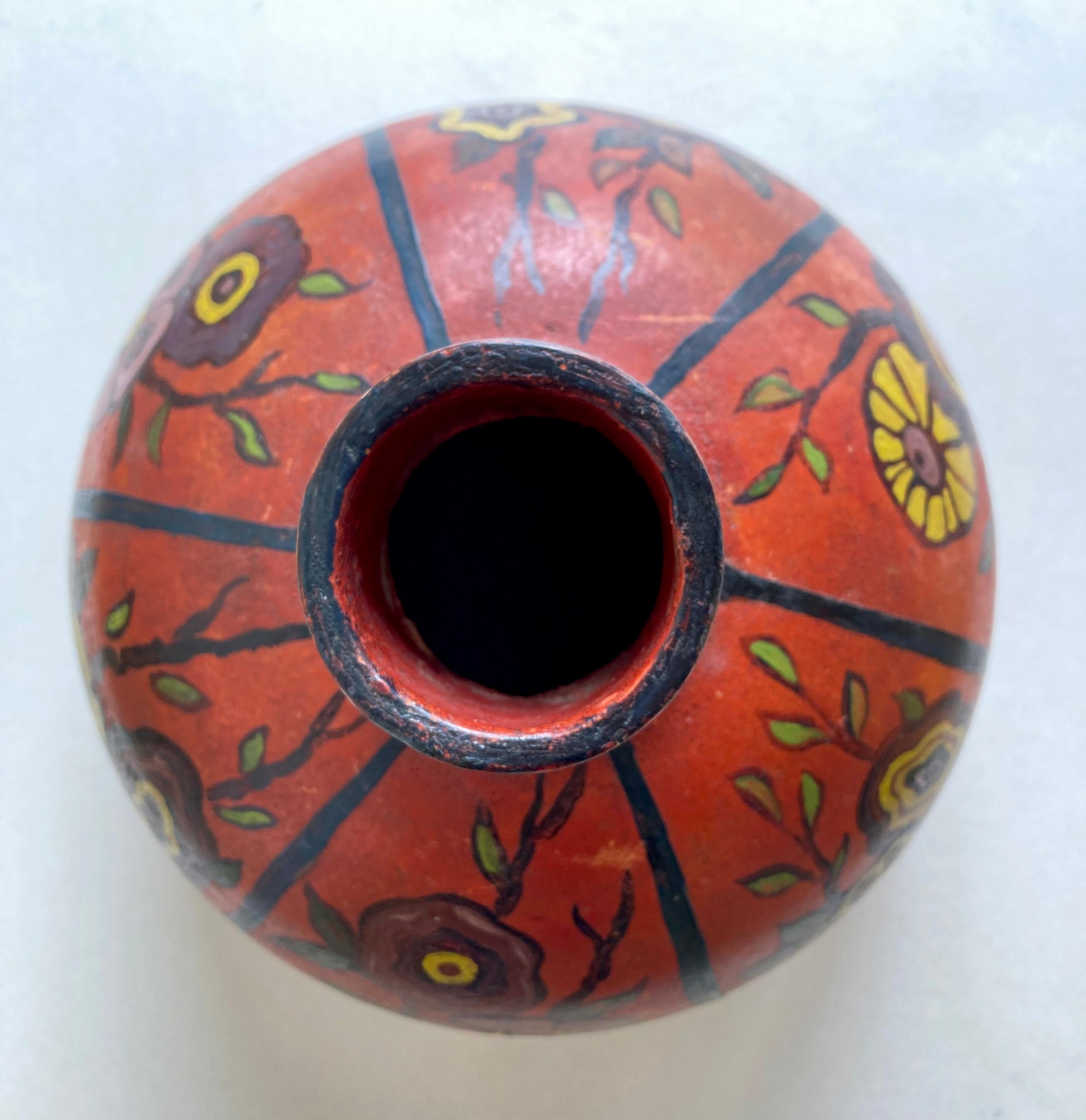 Hand-Crafted Antique Hand-Thrown and Hand-Painted Art Pottery Vase with Floral Motifs   For Sale