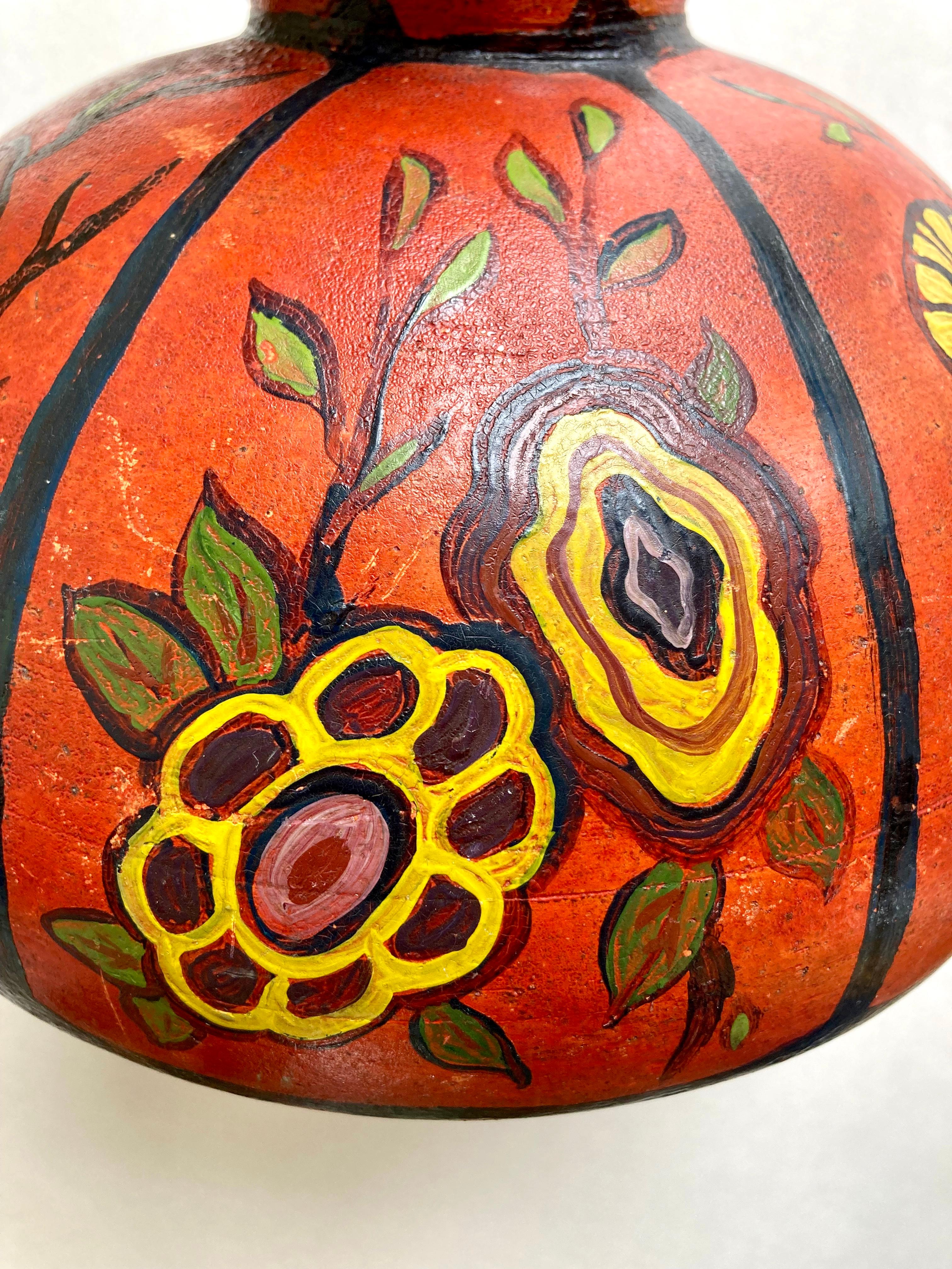 Antique Hand-Thrown and Hand-Painted Art Pottery Vase with Floral Motifs   For Sale 1