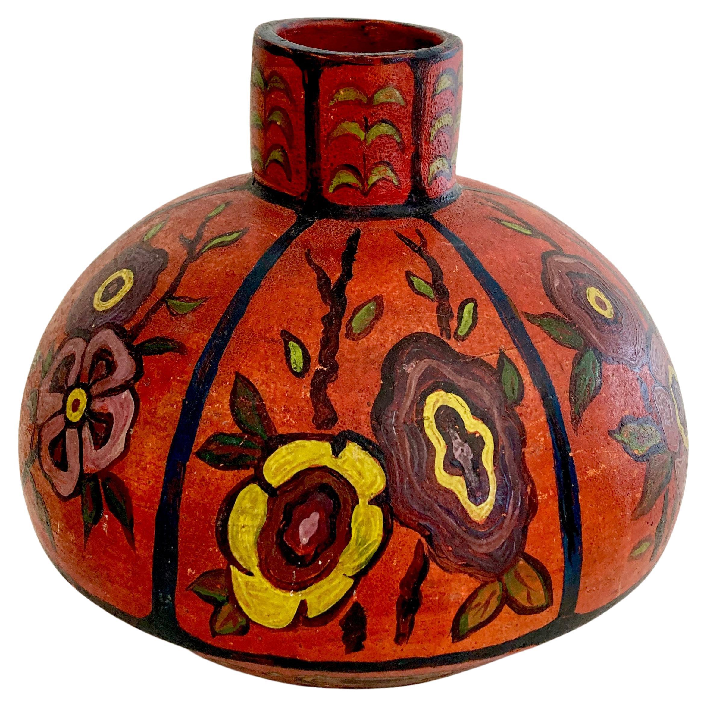 Antique Hand-Thrown and Hand-Painted Art Pottery Vase with Floral Motifs   For Sale