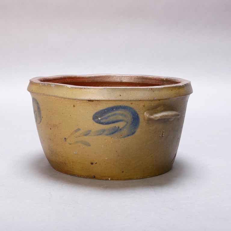 Antique Hand Thrown Blue Decorated 3 Gal Cake Crock With Stylized Floral For Sale At 1stdibs
