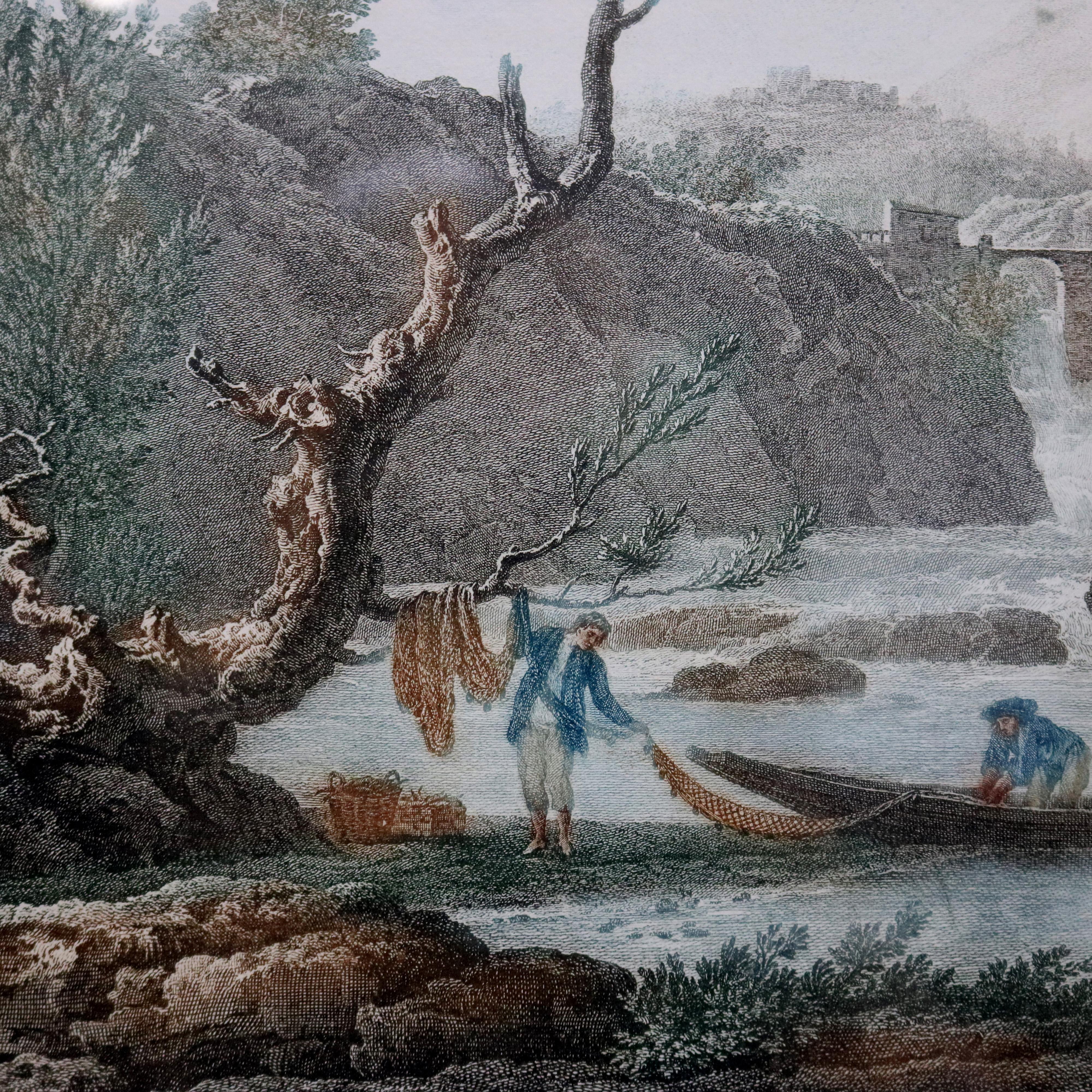 Antique French hand tinted print of etching depicting harbor fishing scene with figures, structures and boats after Joseph Vernet, 