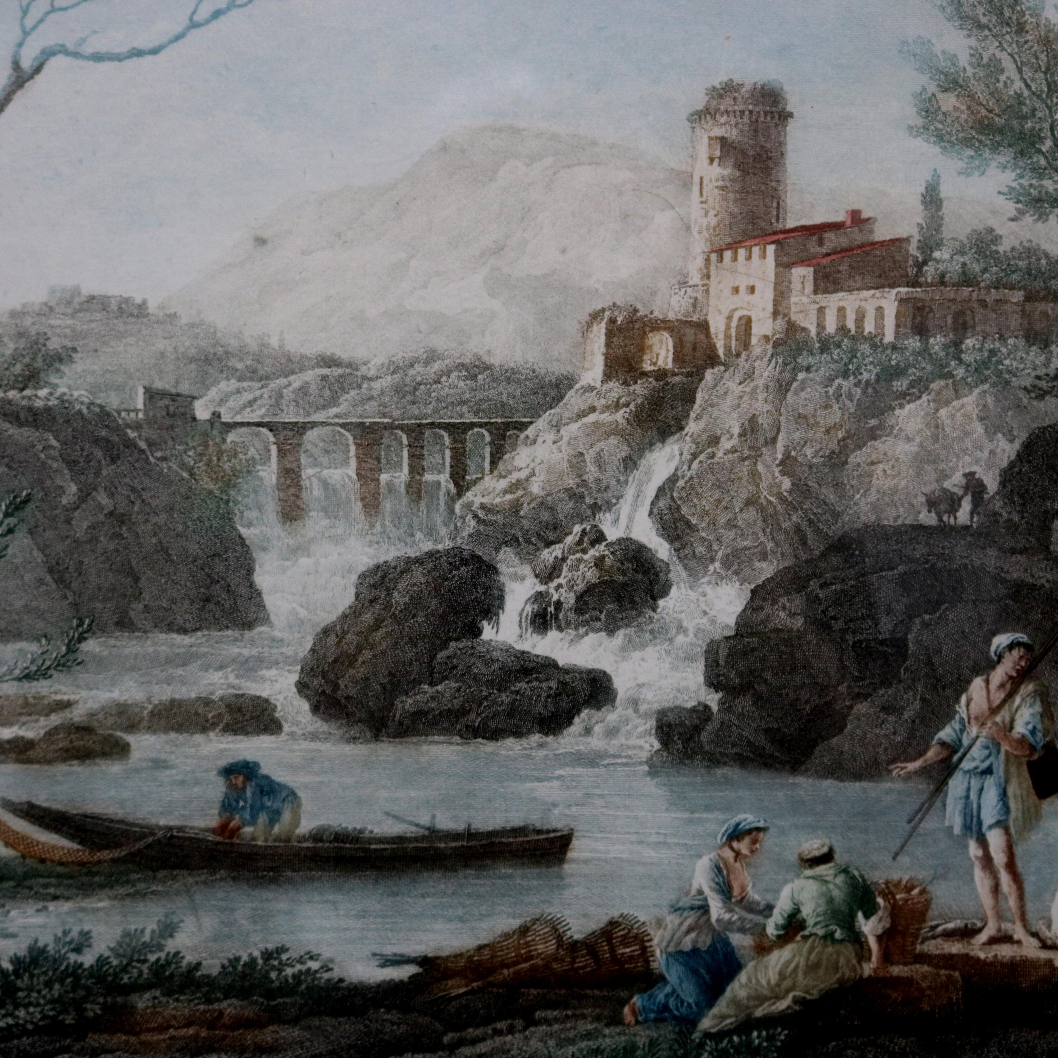Hand Tinted French Harbor Fishing Scene Engraving after J. Vernet, circa 1870 In Good Condition In Big Flats, NY