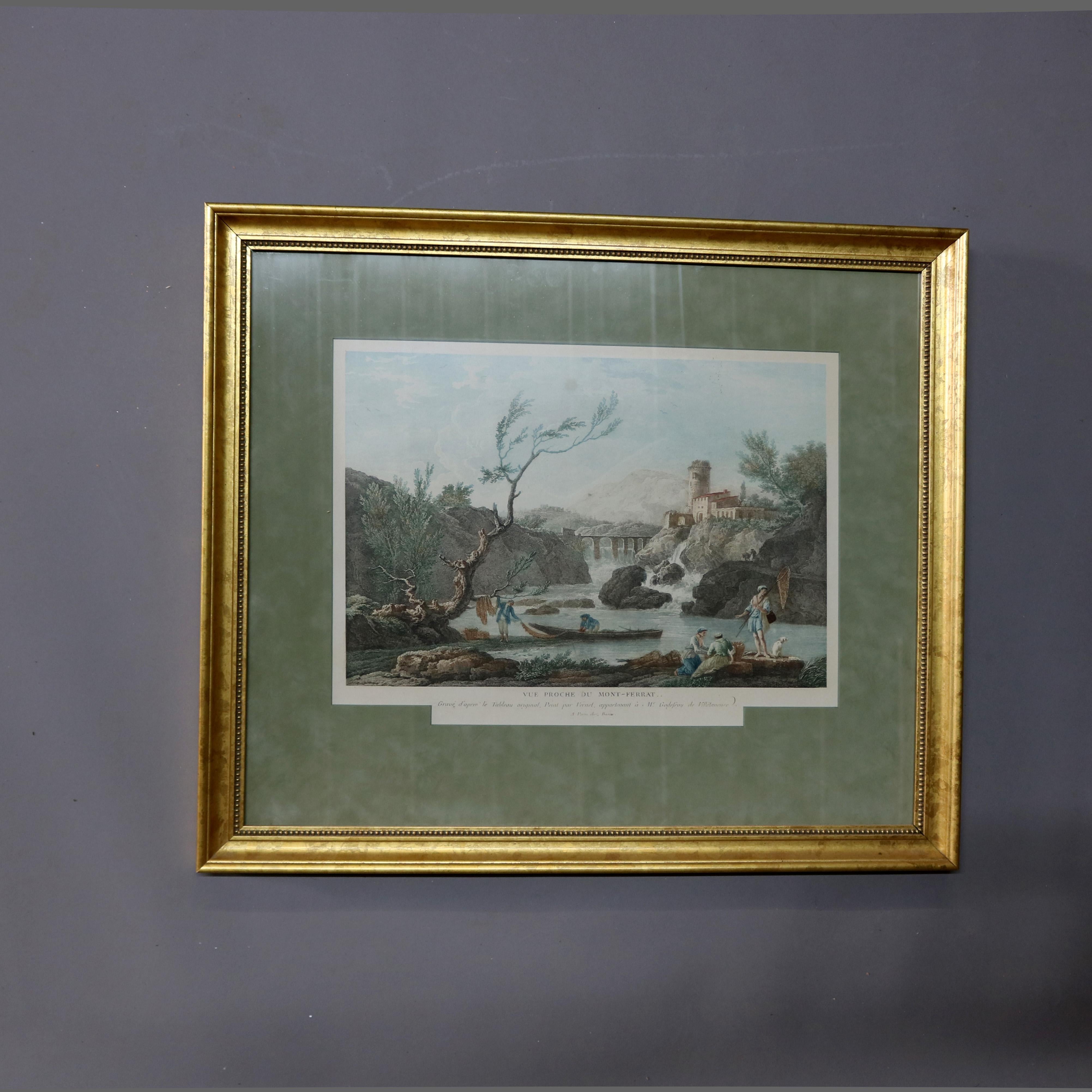 Glass Hand Tinted French Harbor Fishing Scene Engraving after J. Vernet, circa 1870