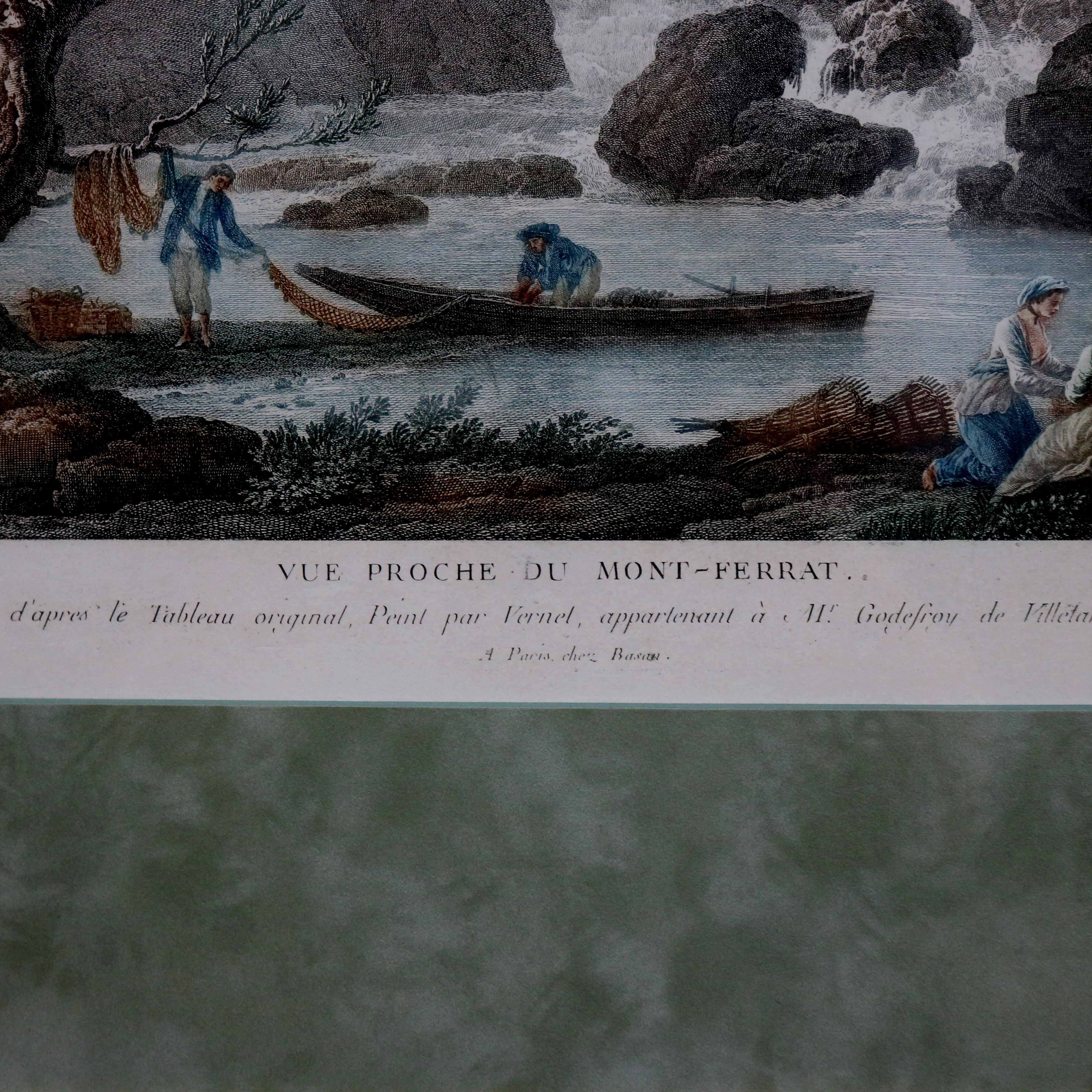 Hand Tinted French Harbor Fishing Scene Engraving after J. Vernet, circa 1870 1