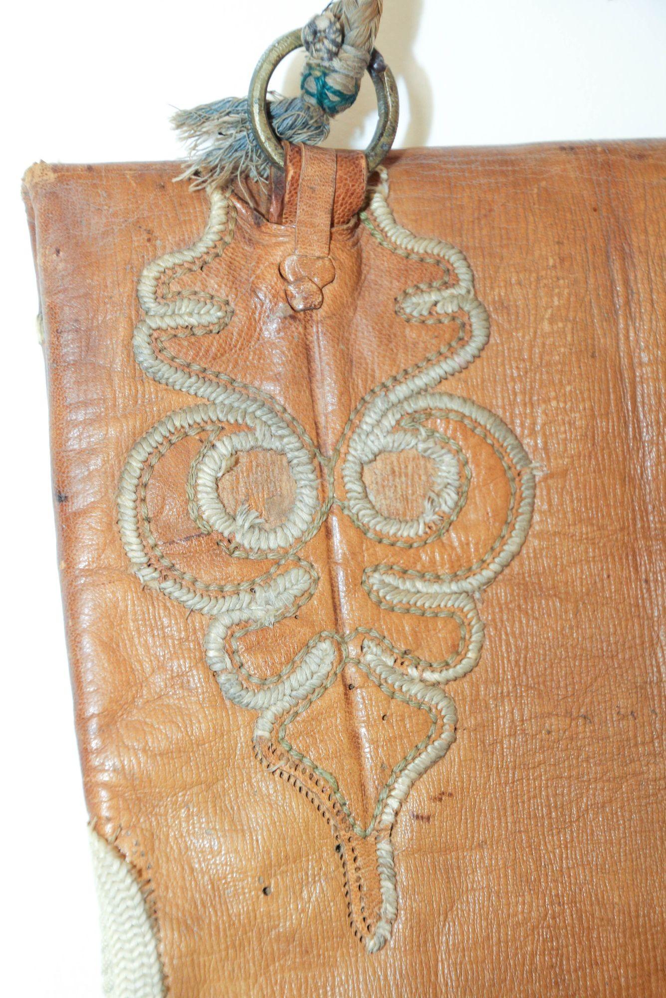 Antique Hand Tooled Leather African Tribal Moroccan Bag Collectible, 1940s For Sale 3