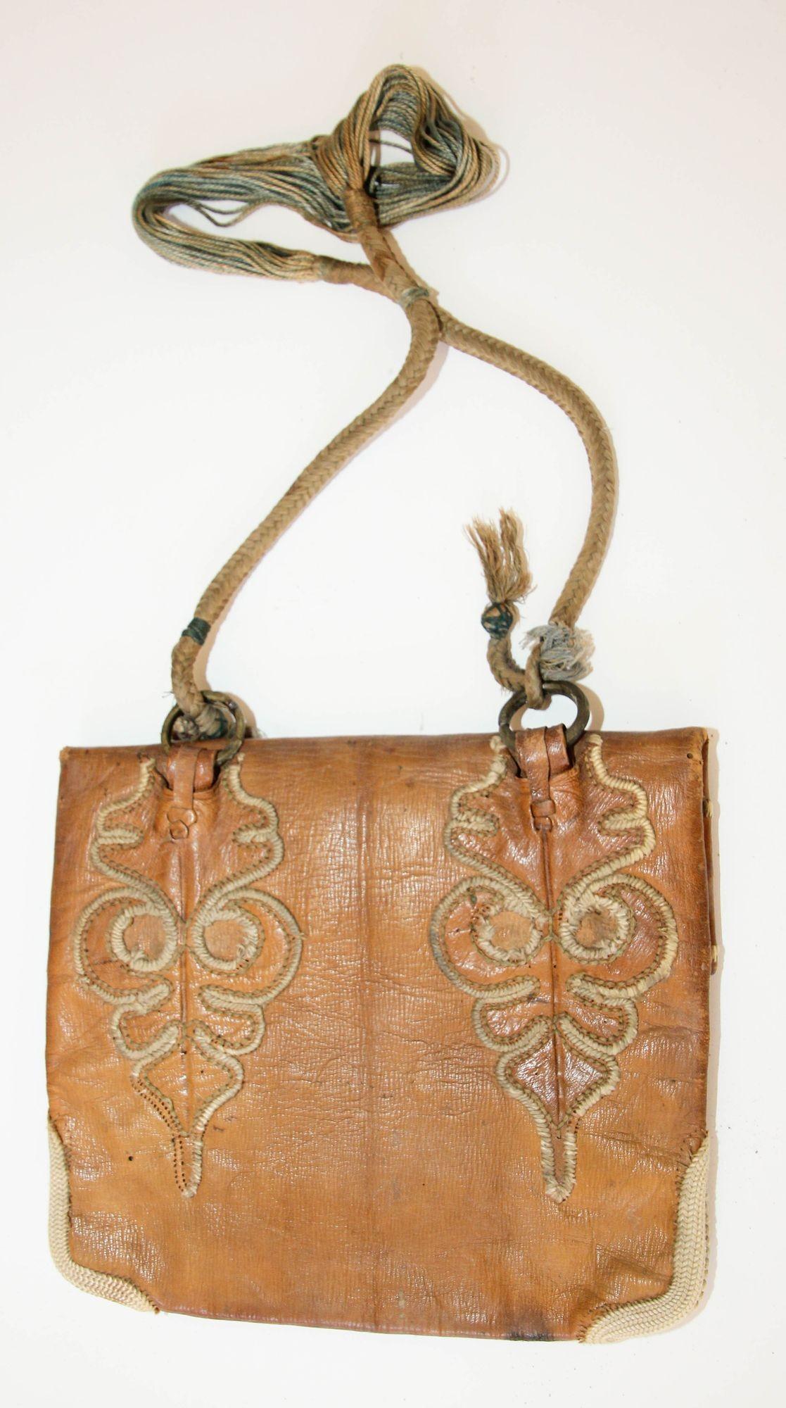 Folk Art Antique Hand Tooled Leather African Tribal Moroccan Bag Collectible, 1940s For Sale