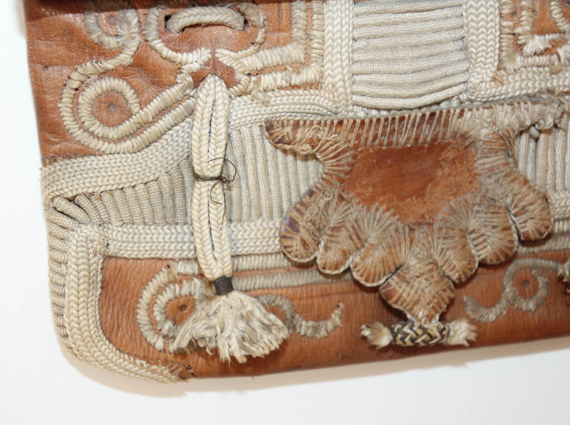 Hand-Crafted Antique Hand Tooled Leather African Tribal Moroccan Bag Collectible, 1940s For Sale