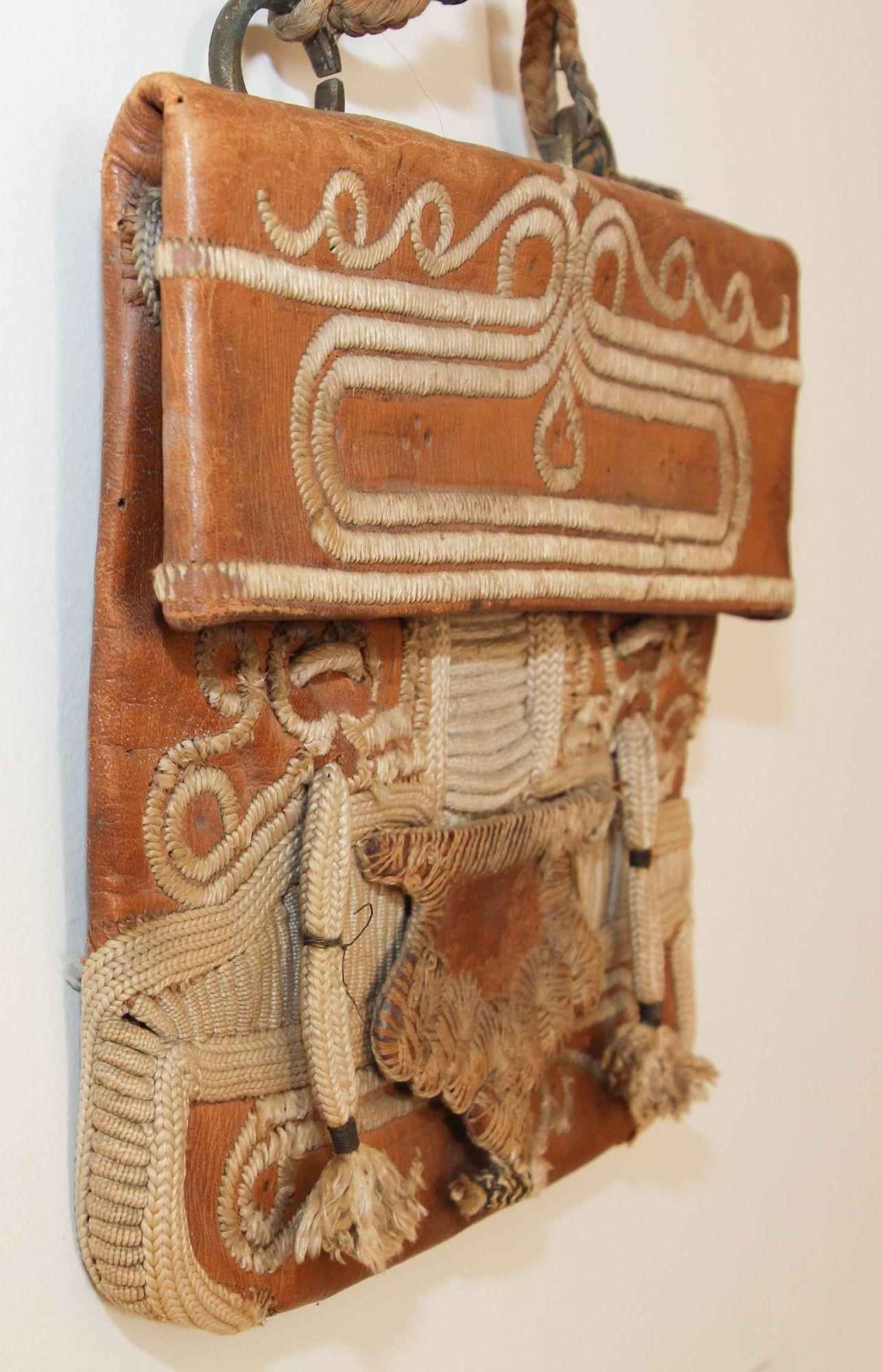 20th Century Antique Hand Tooled Leather African Tribal Moroccan Bag Collectible, 1940s For Sale
