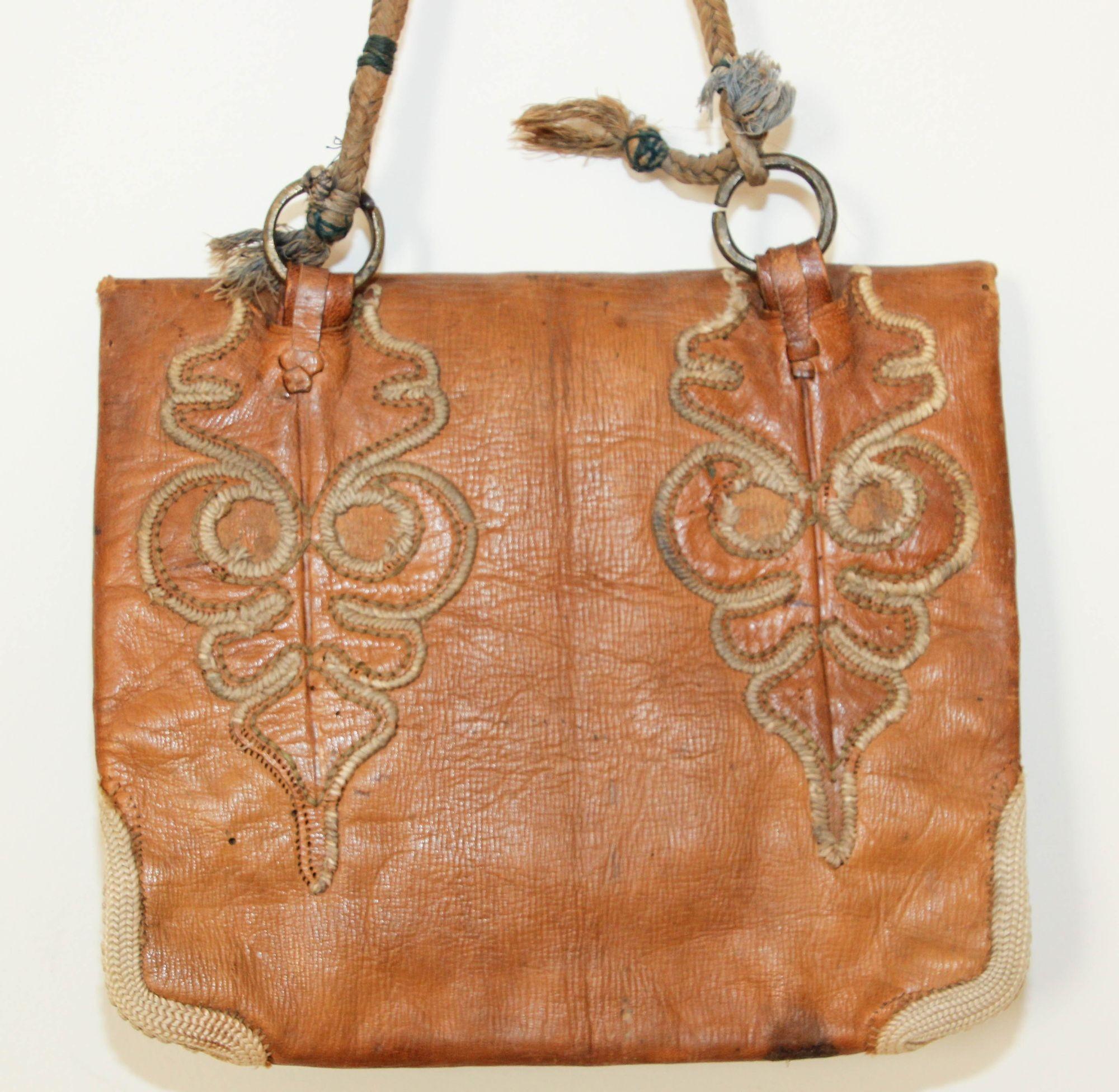 Antique Hand Tooled Leather African Tribal Moroccan Bag Collectible, 1940s For Sale 3
