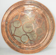 Antique Hand Tooled Oversized Moroccan Metal Copper Tray 38 in. D. Circa 1920's