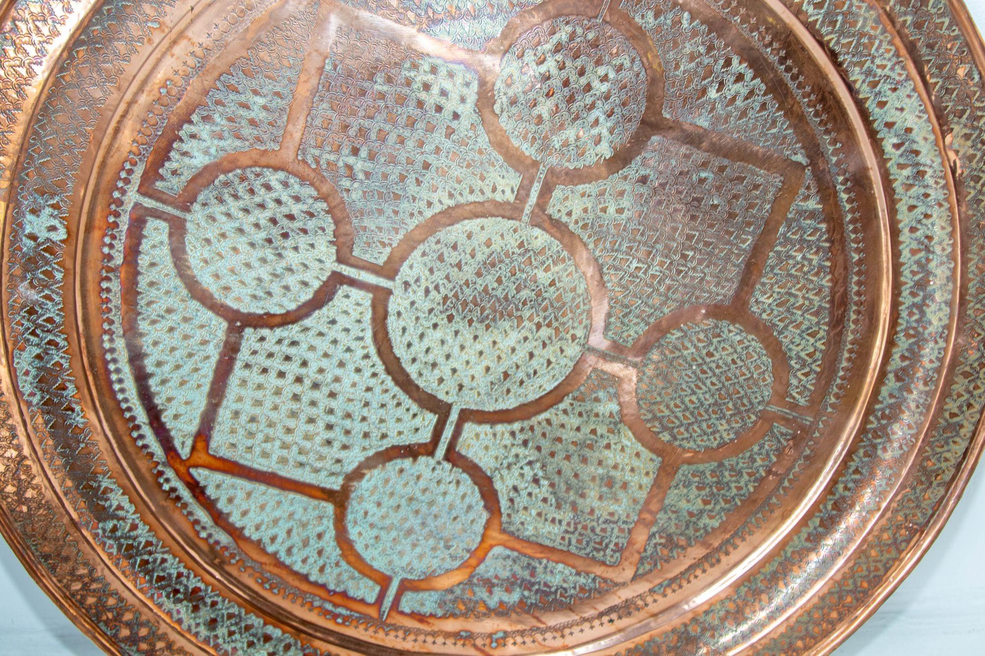 Islamic Antique Hand Tooled Oversized Moroccan Metal Copper Tray 38 in. D. Circa 1920's
