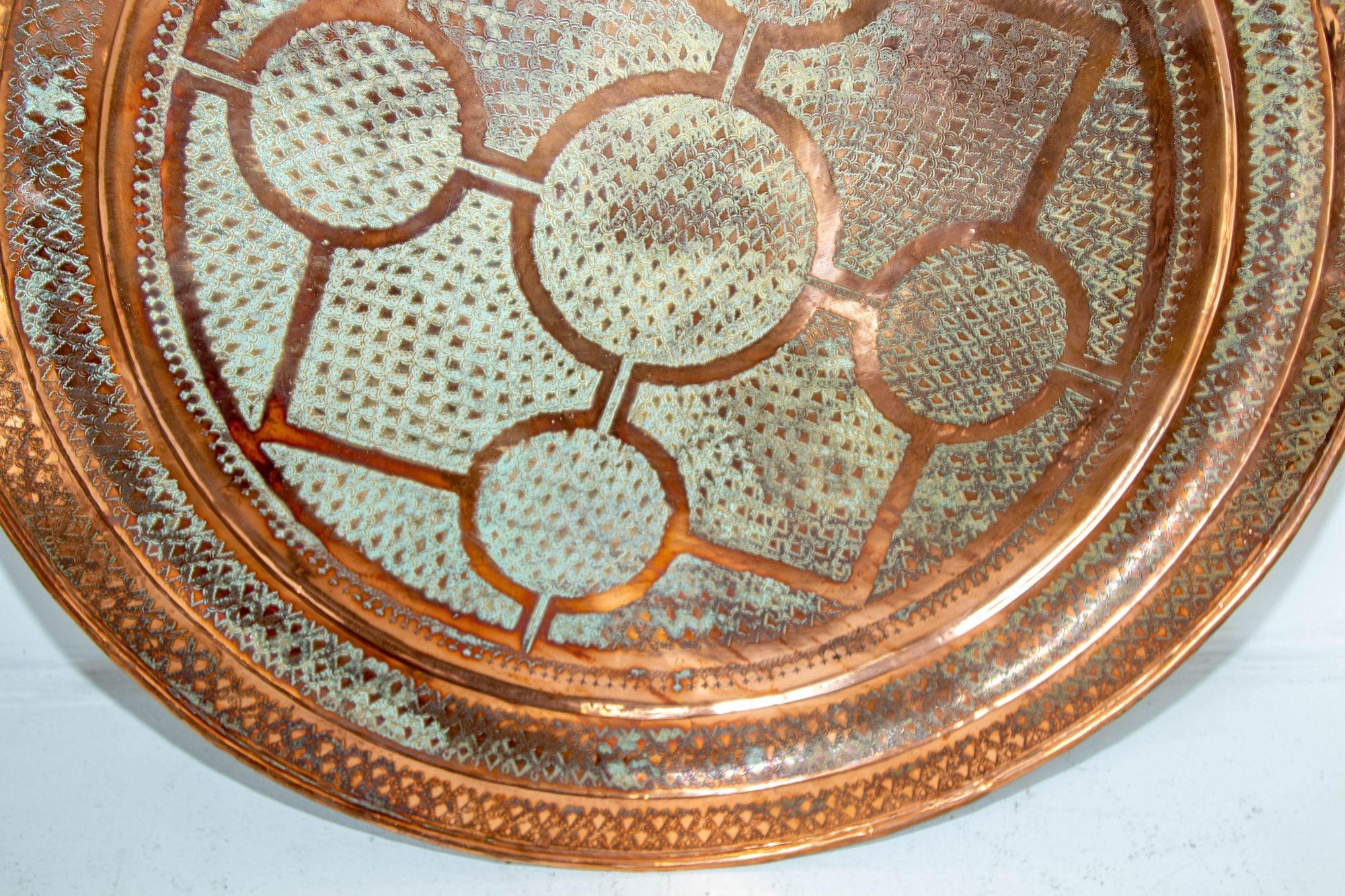 Hand-Carved Antique Hand Tooled Oversized Moroccan Metal Copper Tray 38 in. D. Circa 1920's