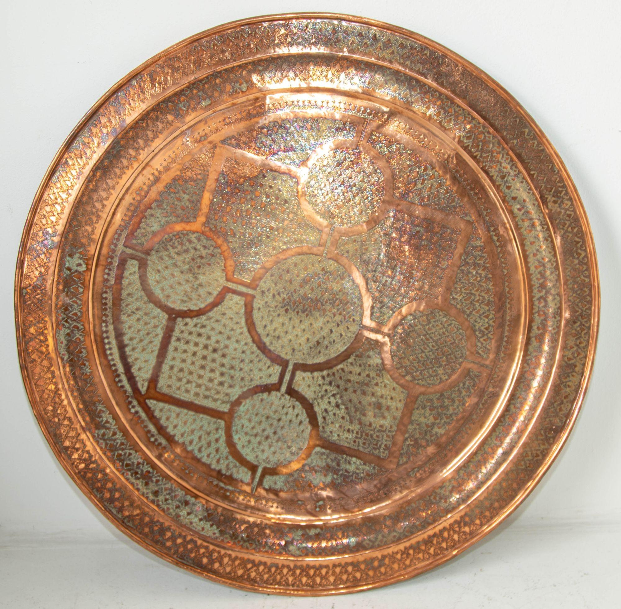 Antique Hand Tooled Oversized Moroccan Metal Copper Tray 38 in. D. Circa 1920's 3