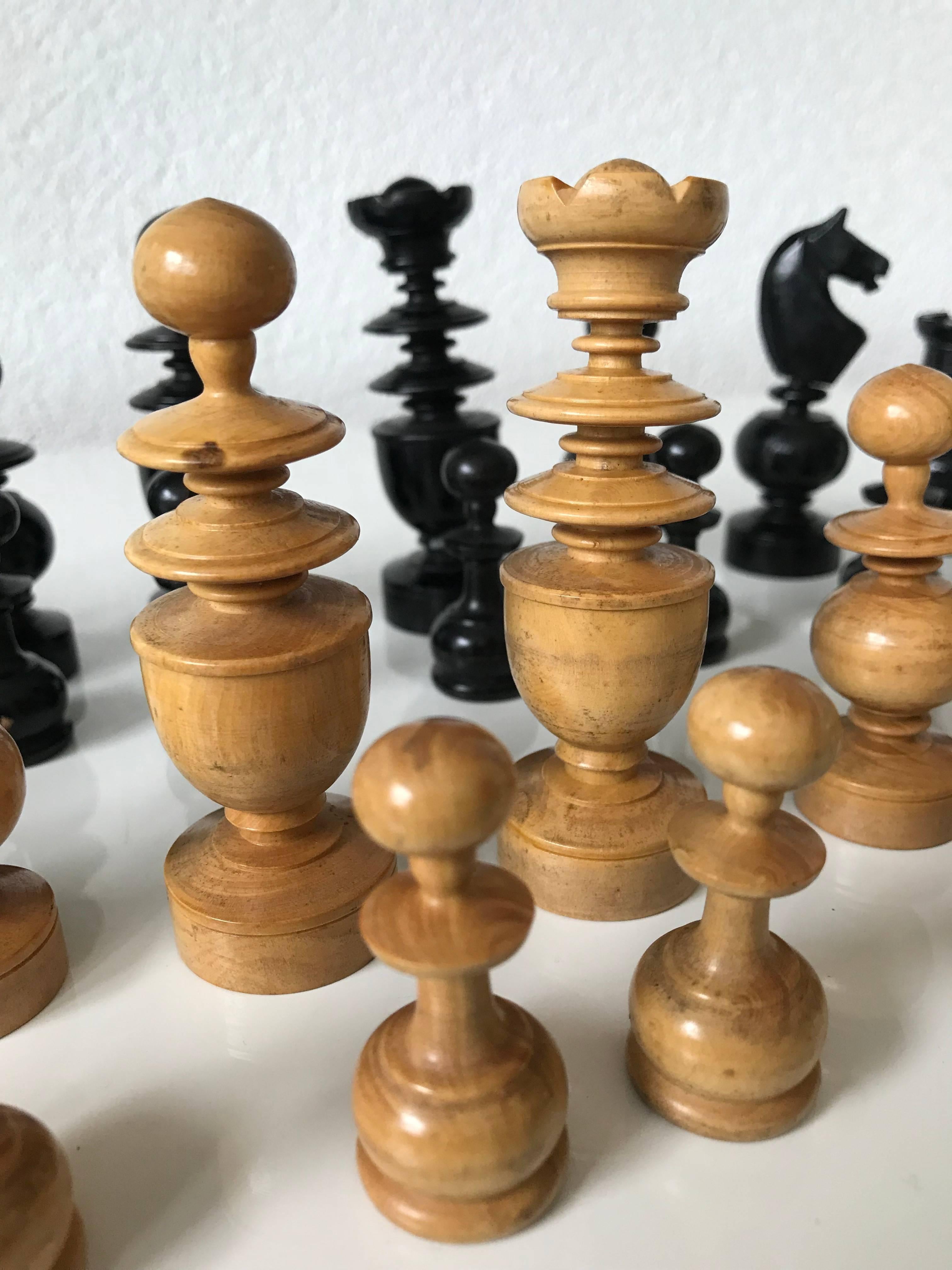 Antique Hand-Turned and Quality Carved Boxwood Chess Pieces/Set 3