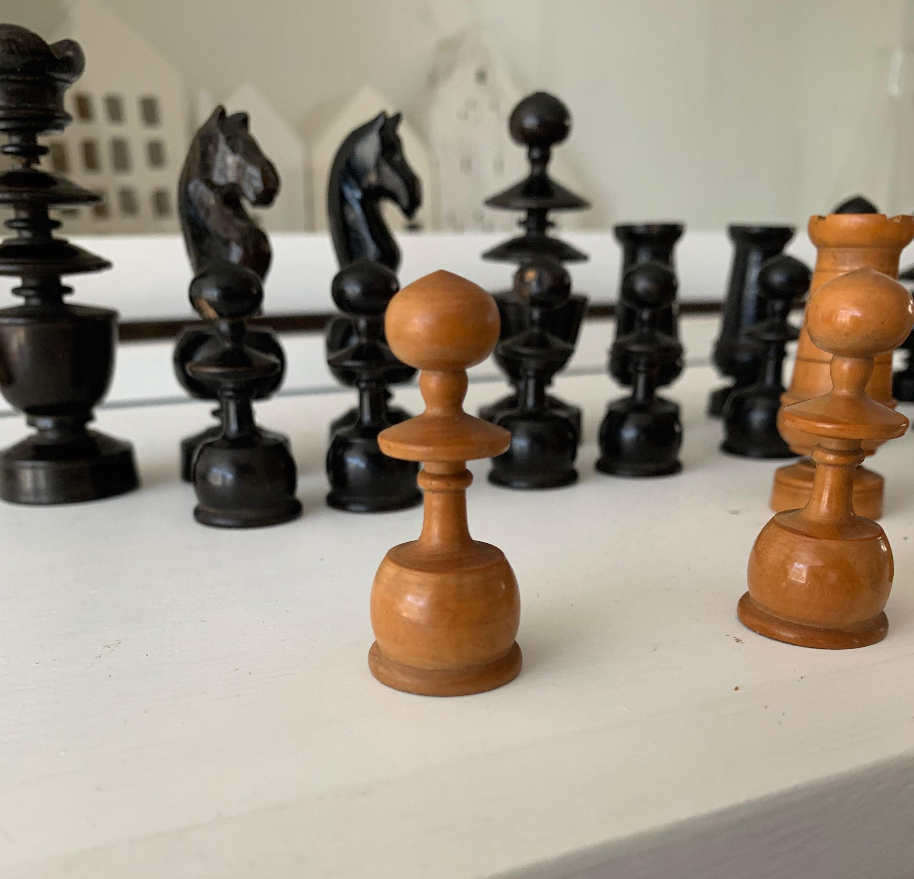 Antique Hand-Turned and Quality Carved, Complete Set of Boxwood Chess Pieces 4