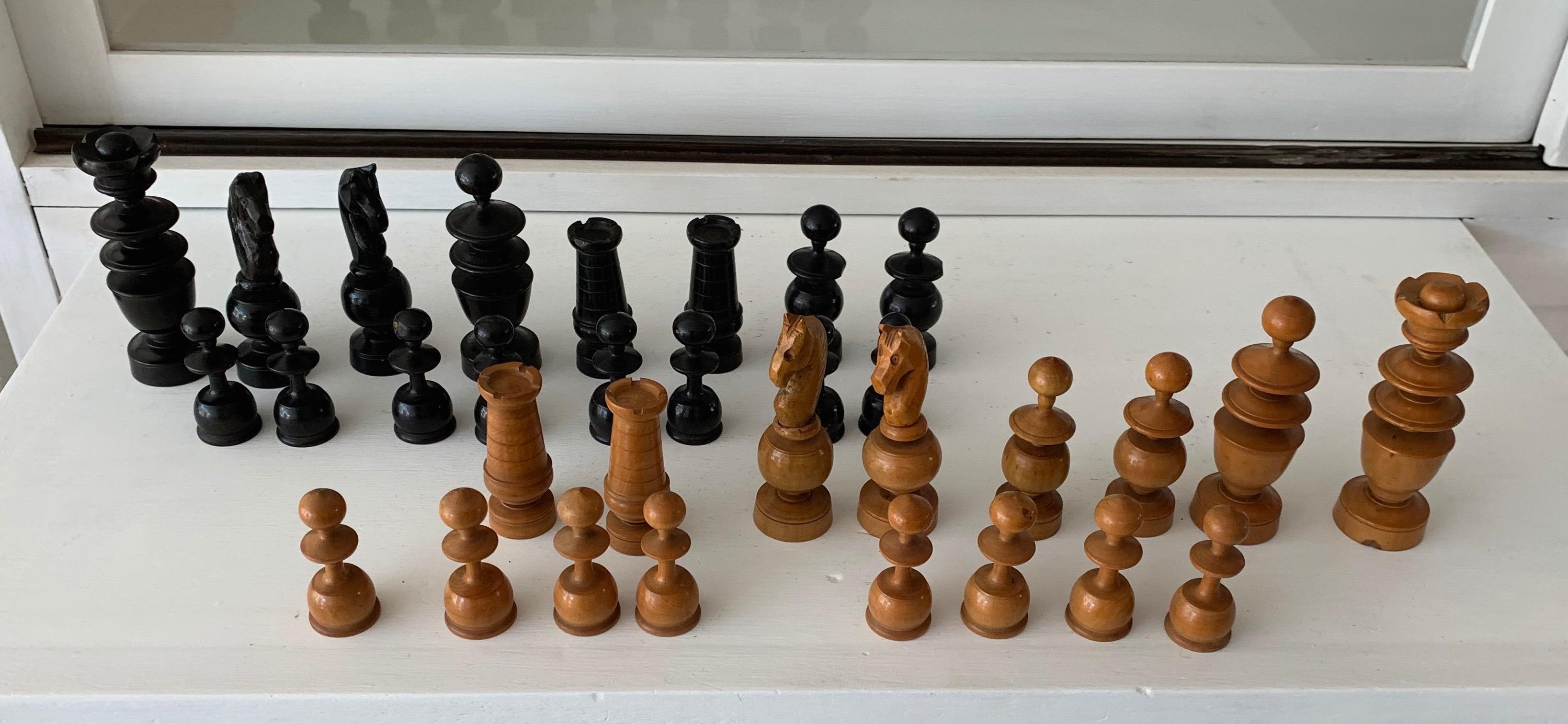 Antique Hand-Turned and Quality Carved, Complete Set of Boxwood Chess Pieces 7