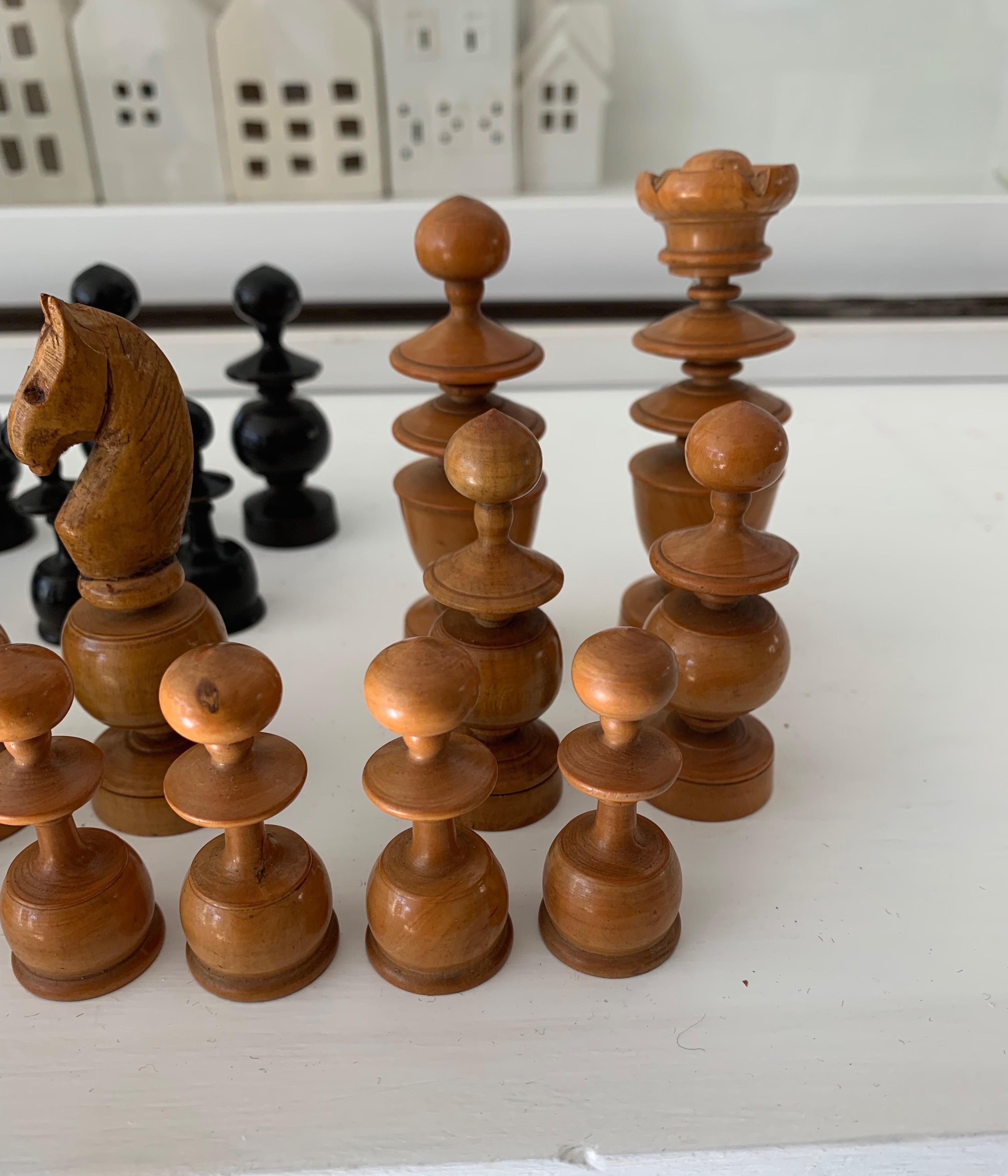 Antique Hand-Turned and Quality Carved, Complete Set of Boxwood Chess Pieces 8
