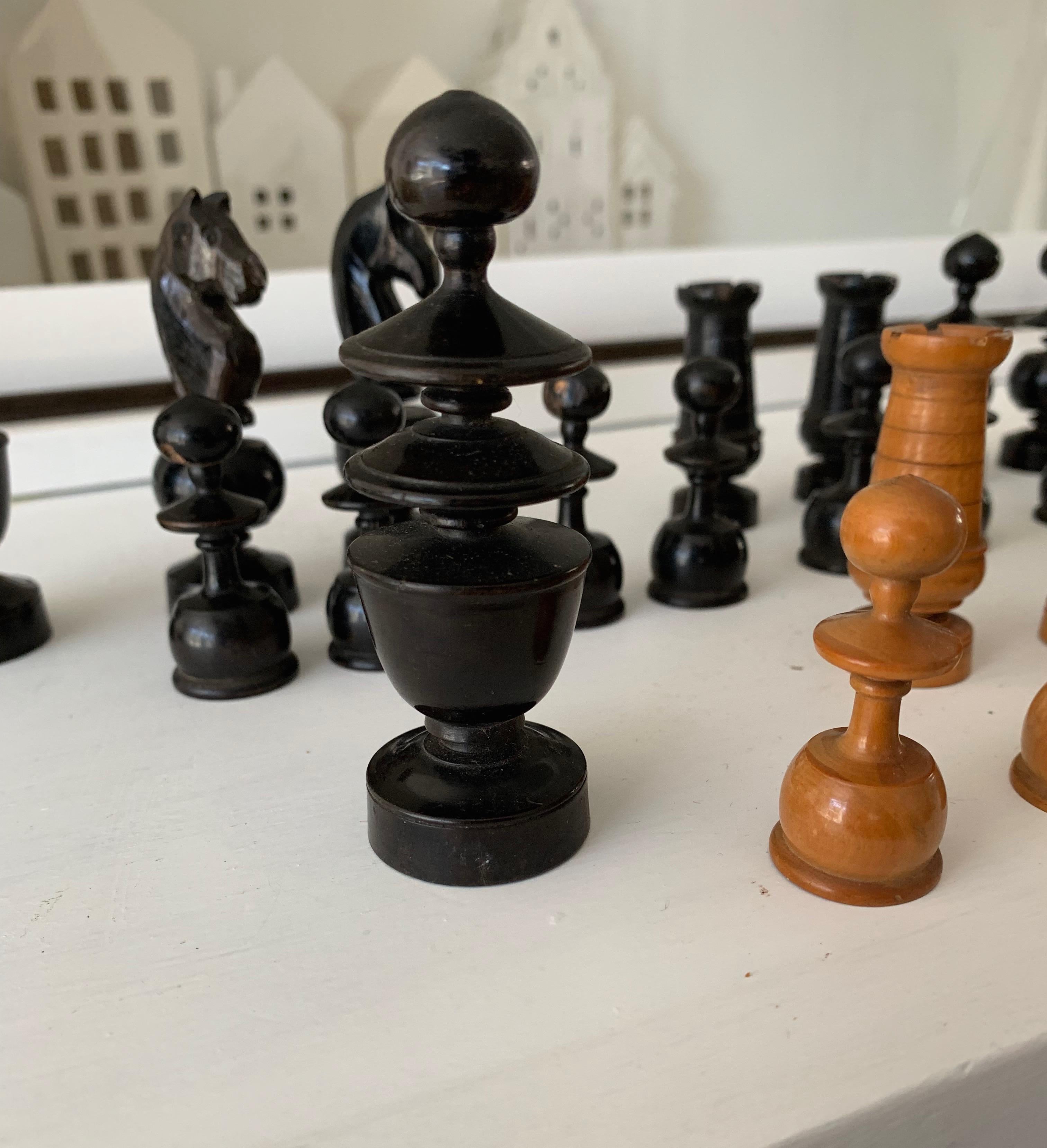 Antique Hand-Turned and Quality Carved, Complete Set of Boxwood Chess Pieces 9