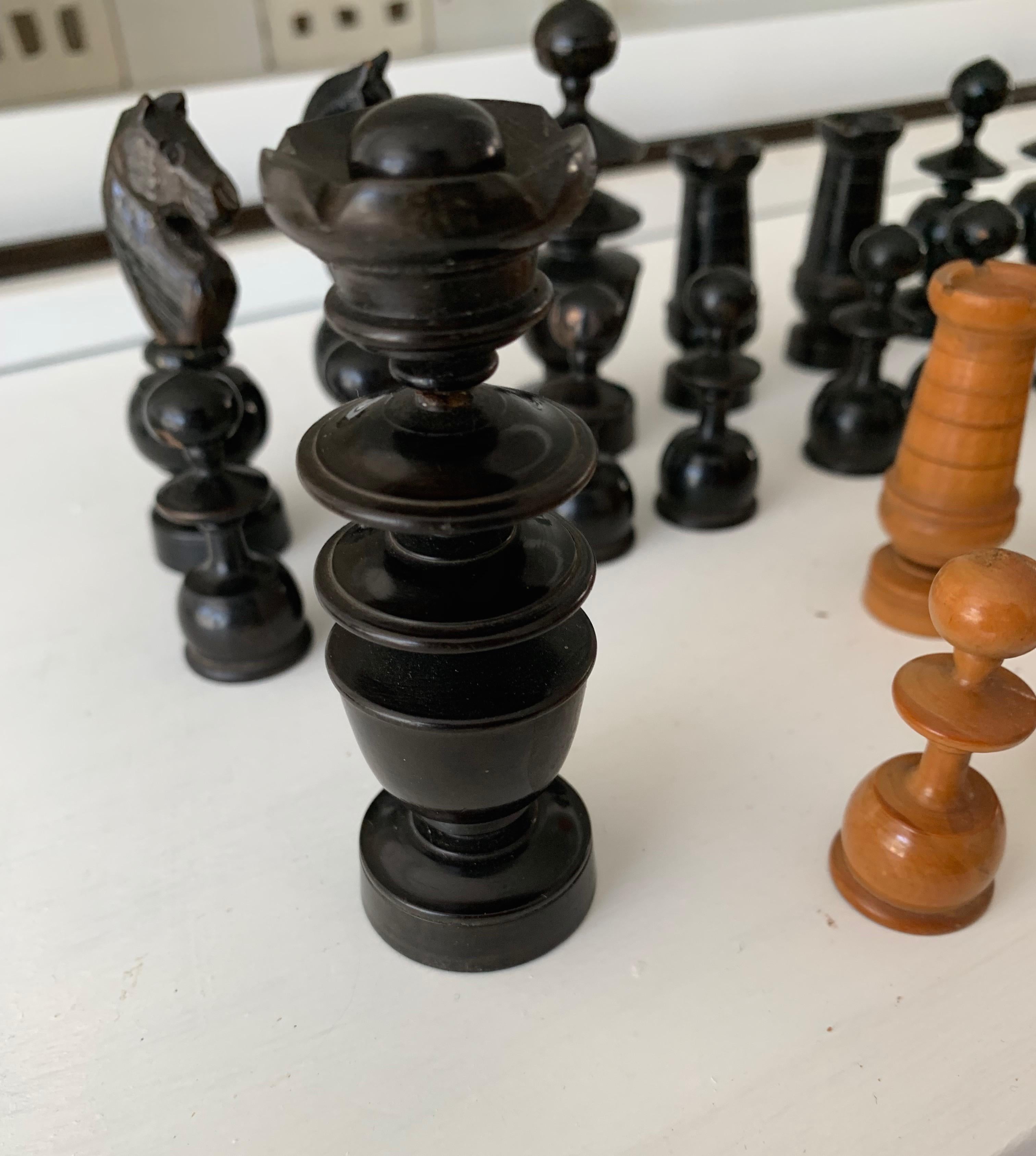 Antique Hand-Turned and Quality Carved, Complete Set of Boxwood Chess Pieces 10