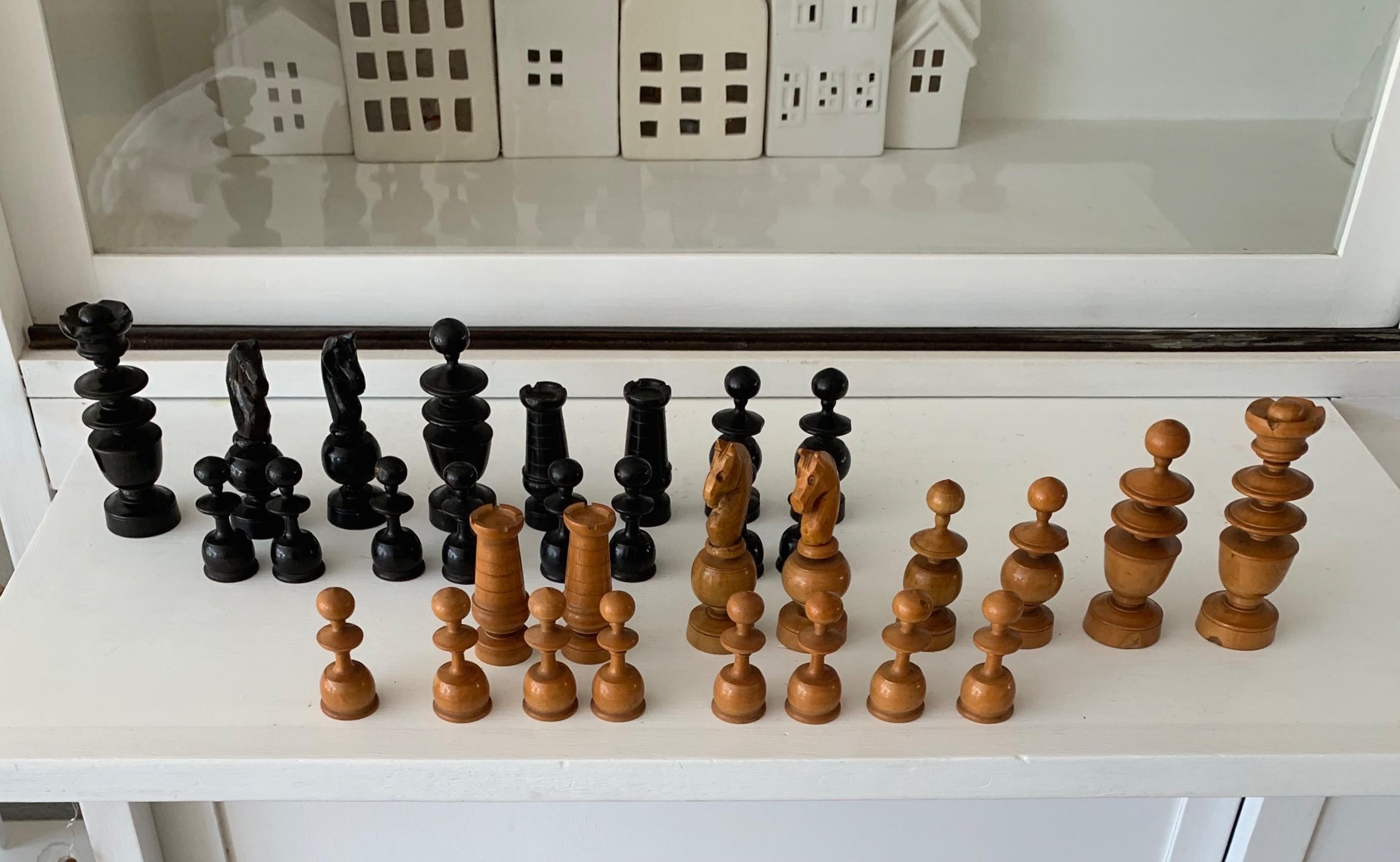 Antique Hand-Turned and Quality Carved, Complete Set of Boxwood Chess Pieces 12