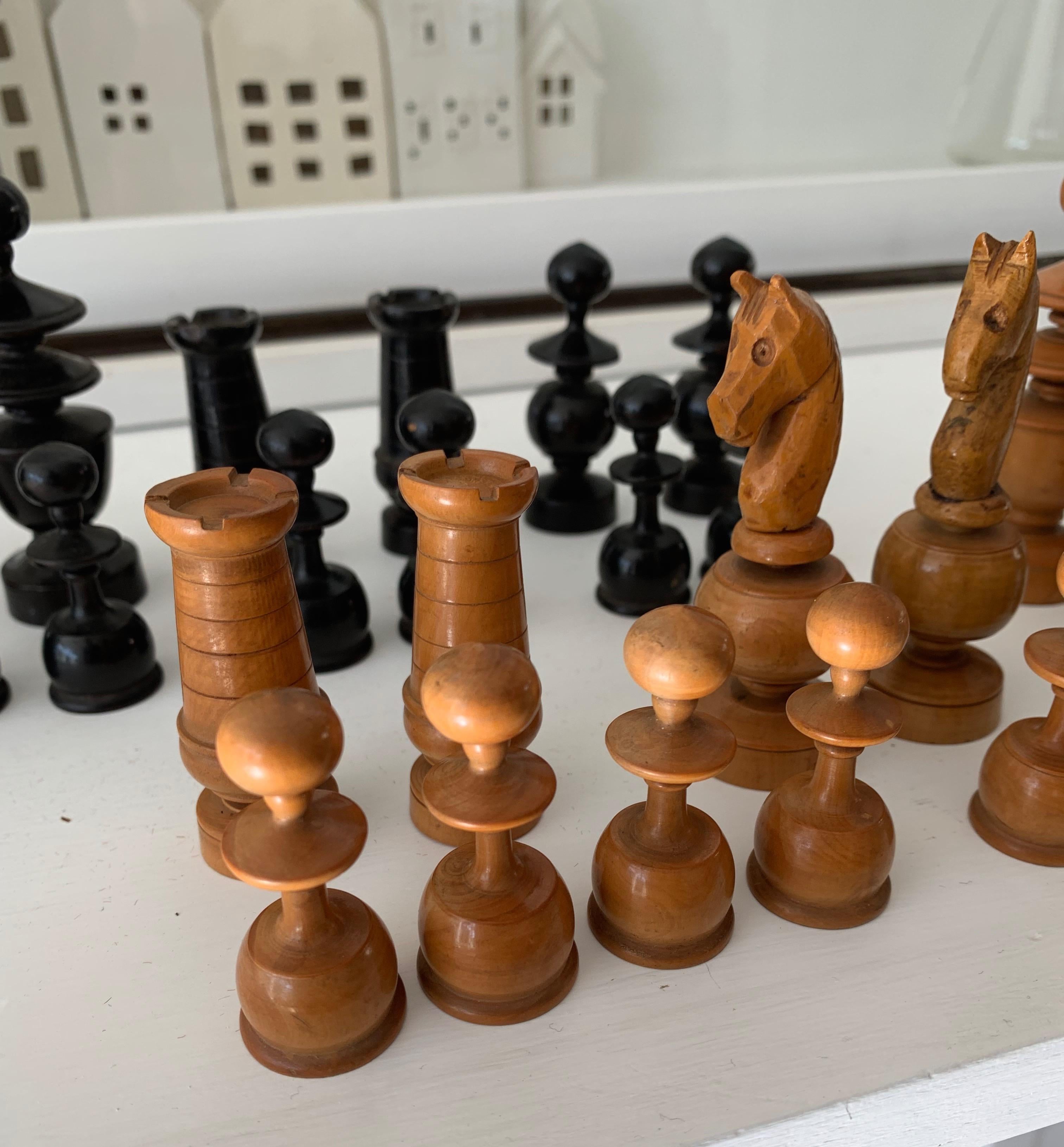 German Antique Hand-Turned and Quality Carved, Complete Set of Boxwood Chess Pieces