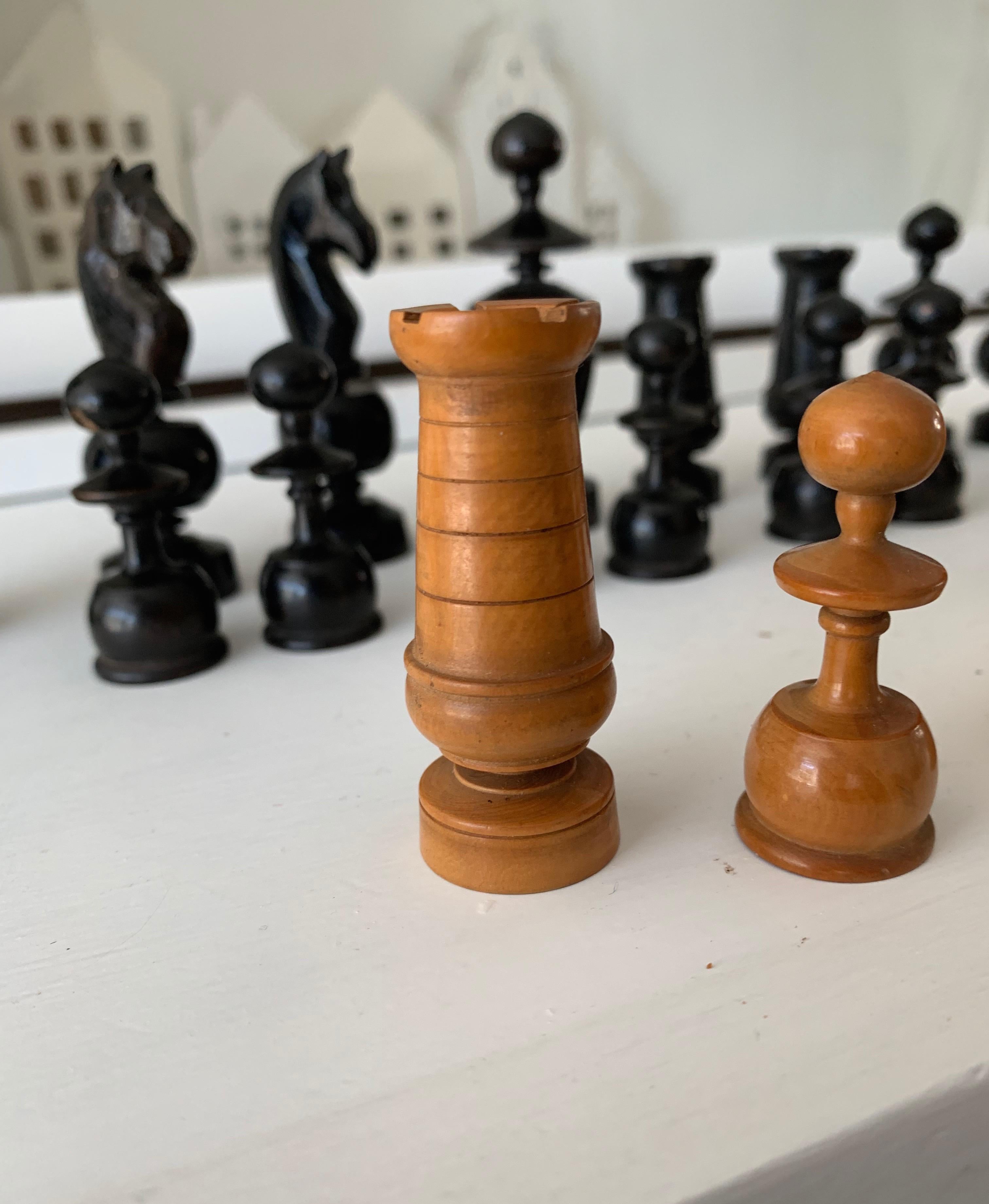 Antique Hand-Turned and Quality Carved, Complete Set of Boxwood Chess Pieces 2