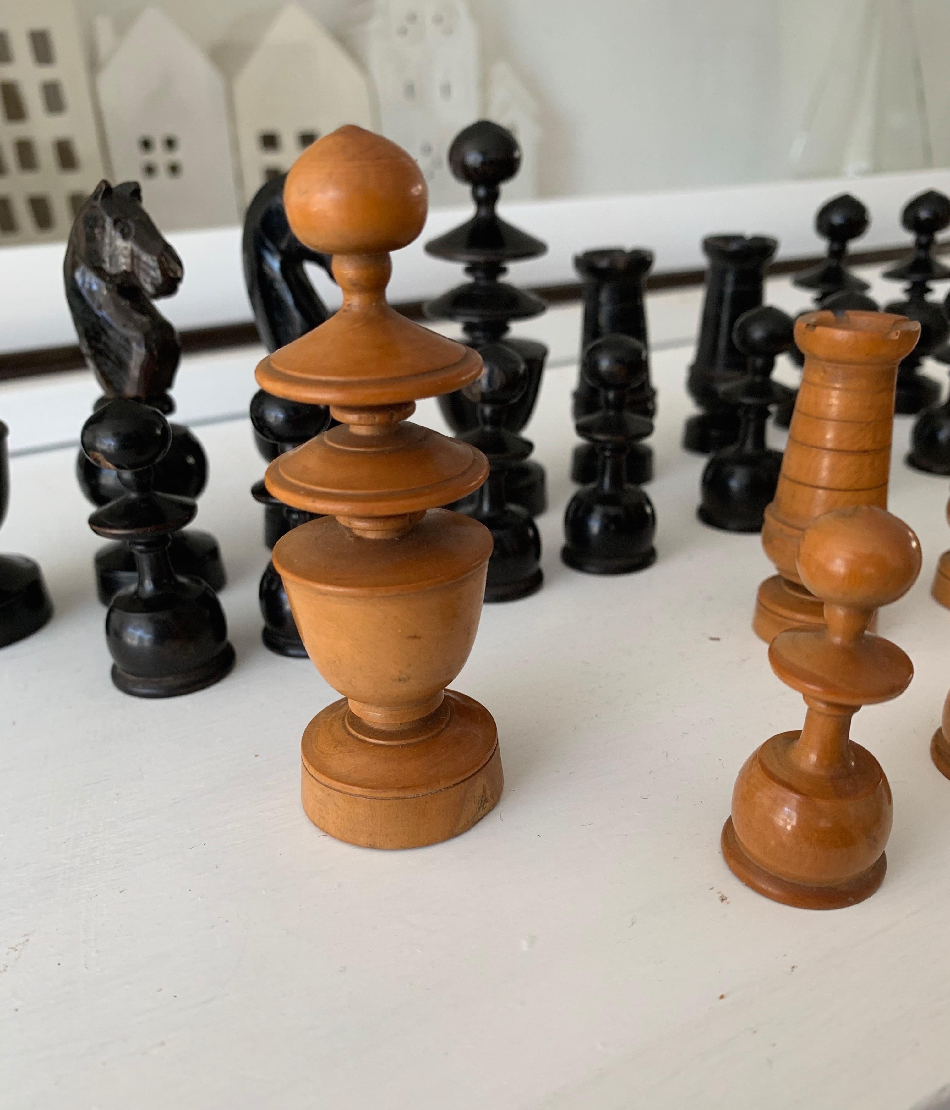Antique Hand-Turned and Quality Carved, Complete Set of Boxwood Chess Pieces 3