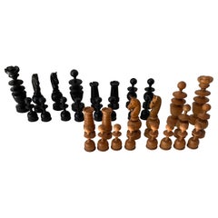 Antique Hand-Turned and Quality Carved, Complete Set of Boxwood Chess Pieces