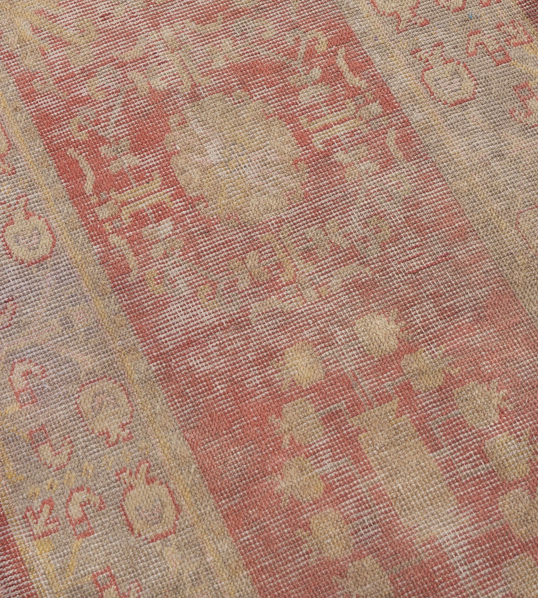 Wool Antique Hand-Woven Coral-Red Floral Khotan Runner For Sale