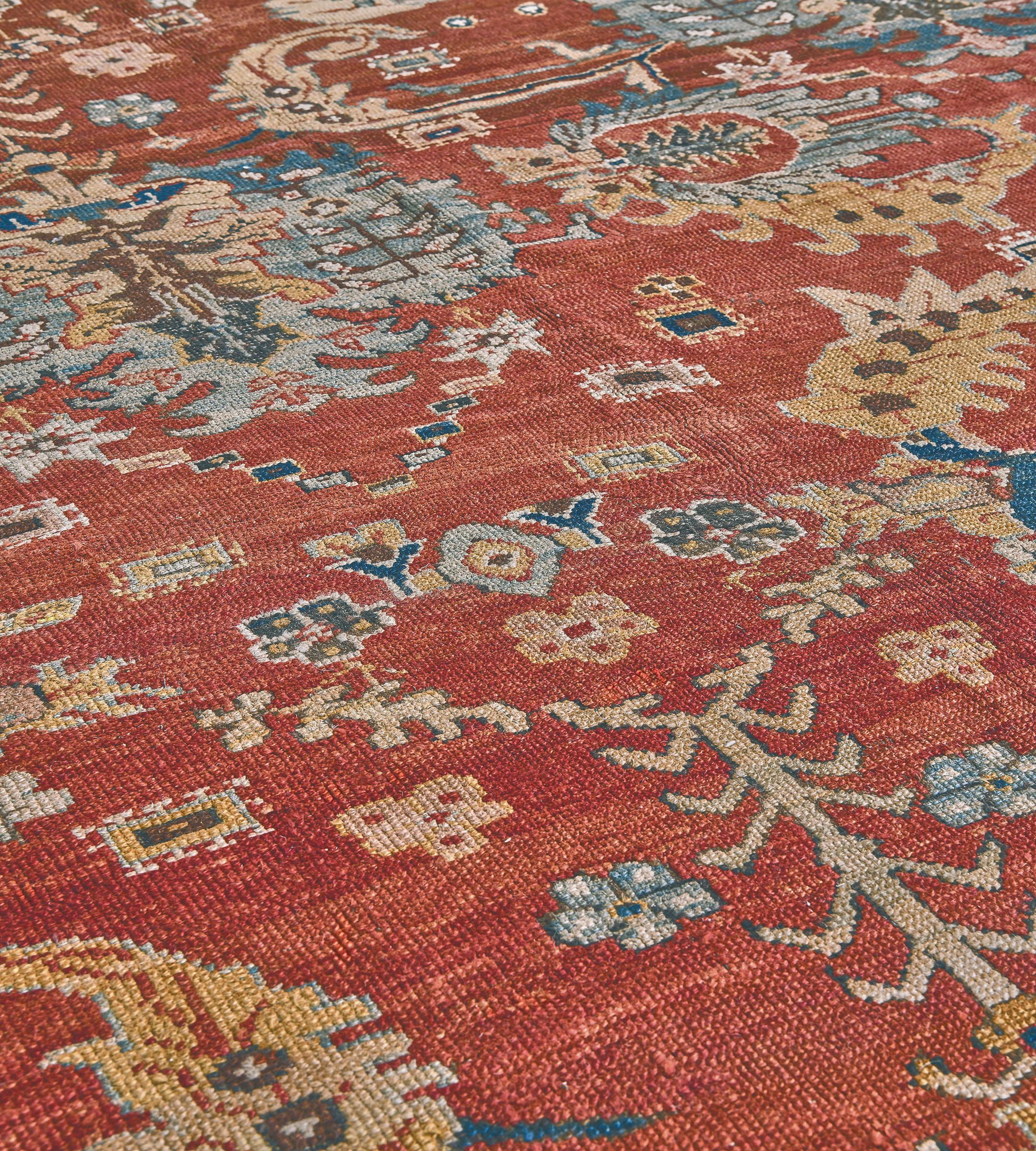 Hand-Knotted Antique Hand-woven Floral Red Persian Bakhshaish Rug 12'9
