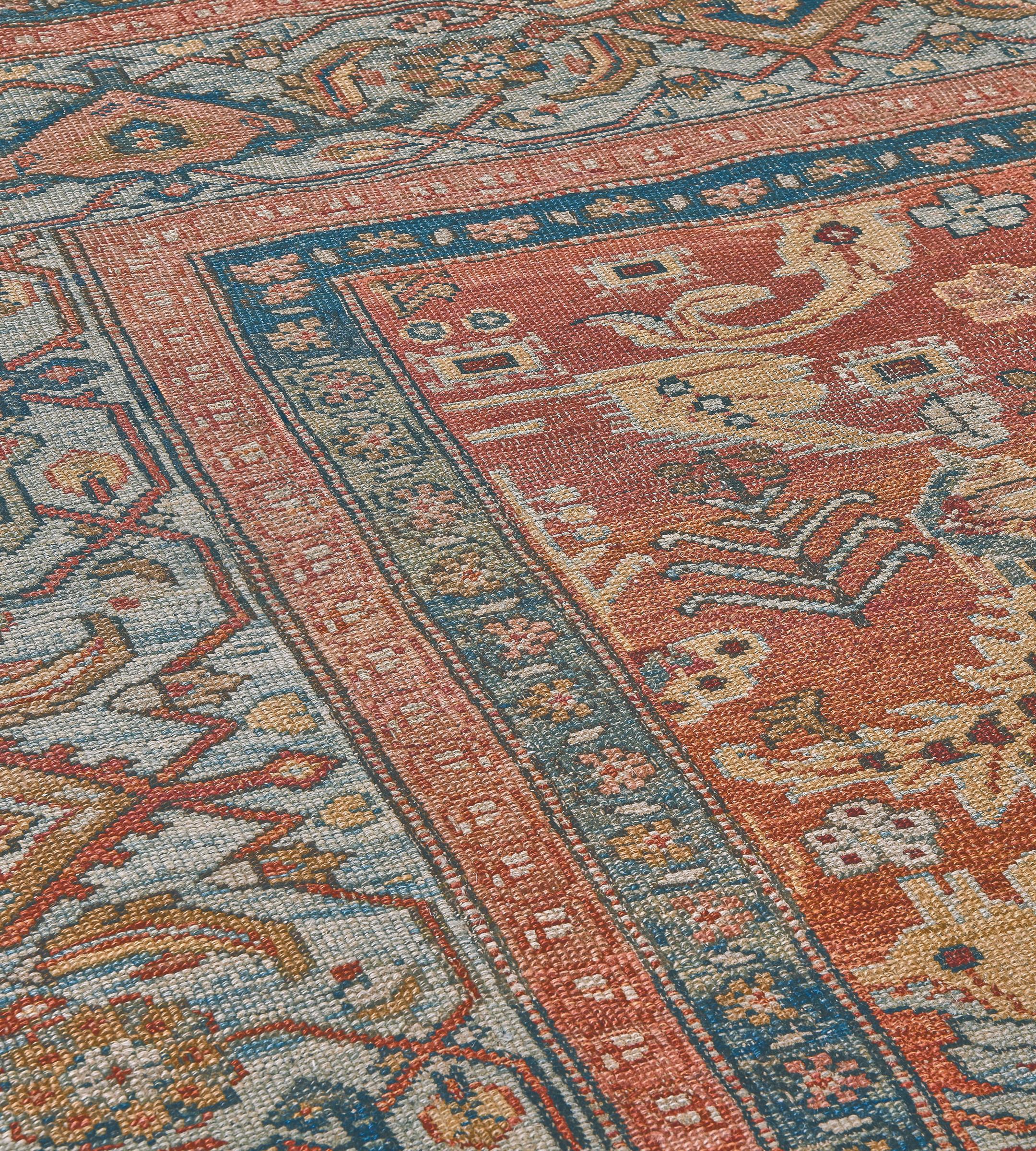 Wool Antique Hand-woven Floral Red Persian Bakhshaish Rug 12'9